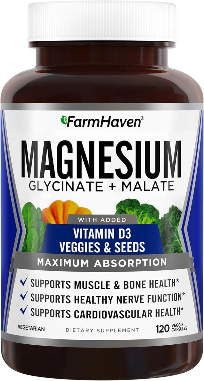 Magnesium Glycinate & Malate Complex with Vitamin D3 - Chelated for Absorption - Vegetarian Capsules for Bone, Nerve, Muscle Health - 120 Count
