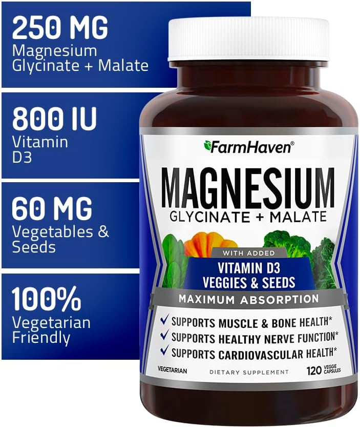 Magnesium Glycinate & Malate Complex with Vitamin D3 - Chelated for Absorption - Vegetarian Capsules for Bone, Nerve, Muscle Health - 120 Count