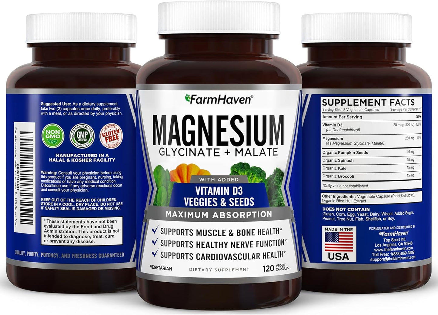 Magnesium Glycinate & Malate Complex with Vitamin D3 - Chelated for Absorption - Vegetarian Capsules for Bone, Nerve, Muscle Health - 120 Count