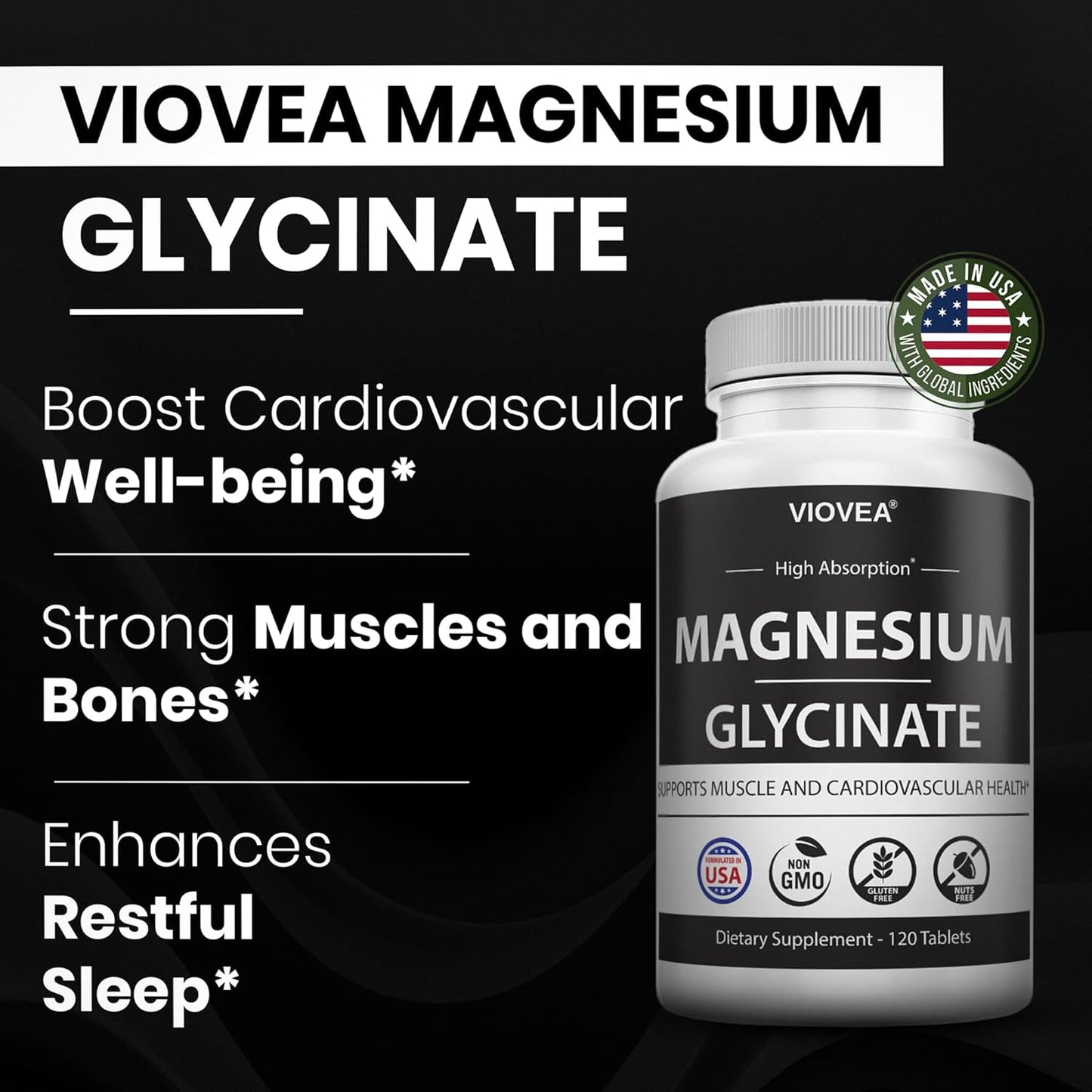 Magnesium Glycinate Tablets - 400mg per Serving, 120 Count, Made in USA, 100% Chelated for Better Absorption, Non-GMO, Gluten-Free - Supports Muscle, Bone, Heart Health