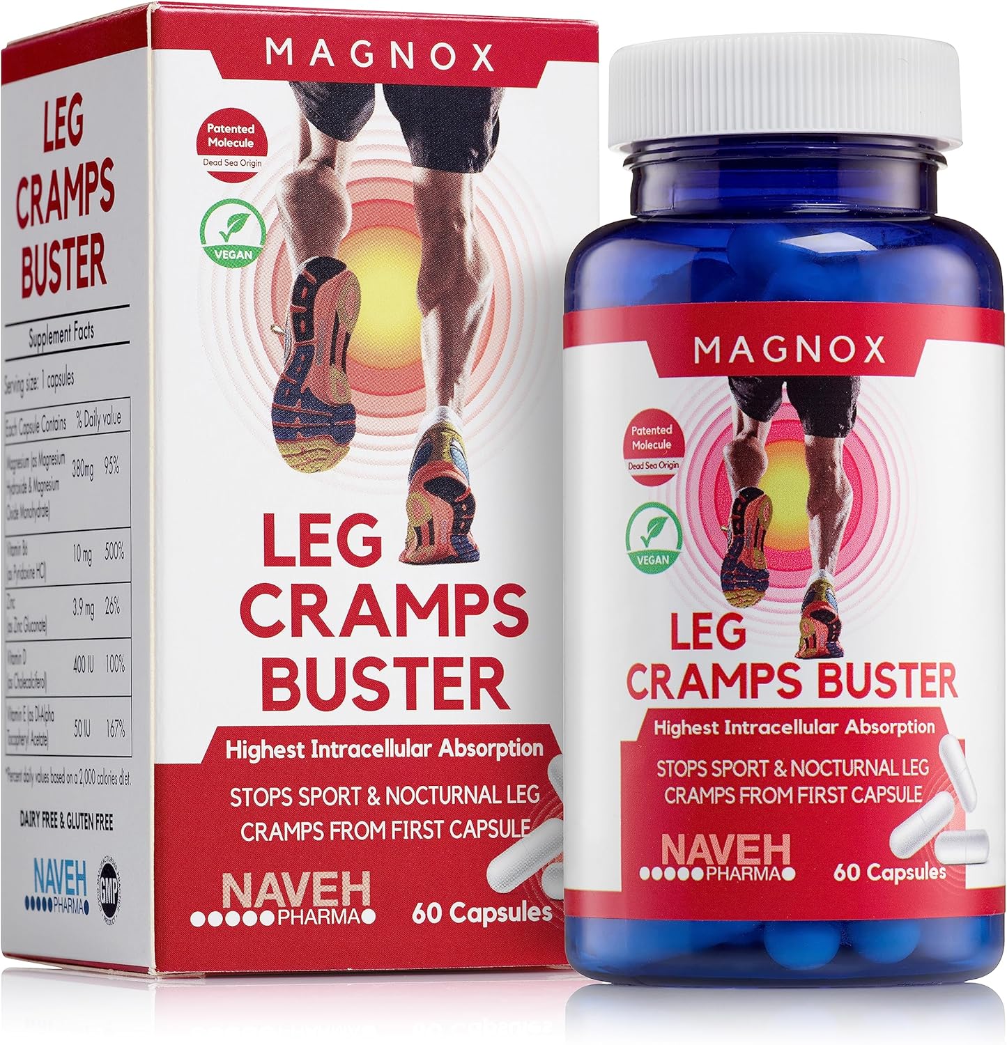 Magnesium Supplement for Leg Cramps Relief | 380mg for Nighttime Cramps | Dead Sea Minerals for Muscle Spasms | 3X Absorption | 60 Capsules