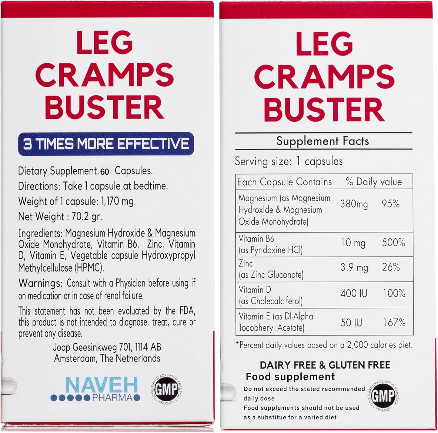Magnesium Supplement for Leg Cramps Relief | 380mg for Nighttime Cramps | Dead Sea Minerals for Muscle Spasms | 3X Absorption | 60 Capsules