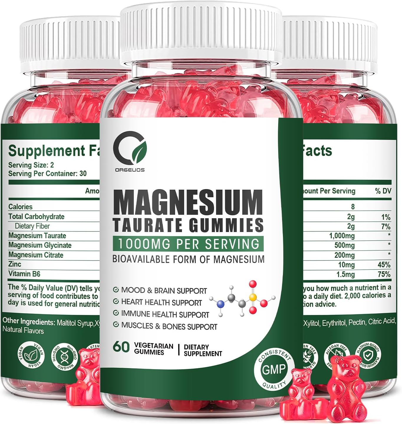 Magnesium Taurate Gummies with Magnesium Glycinate & Citrate - Heart Health, Muscle Function, Mood Support - Vegetarian, Non-GMO