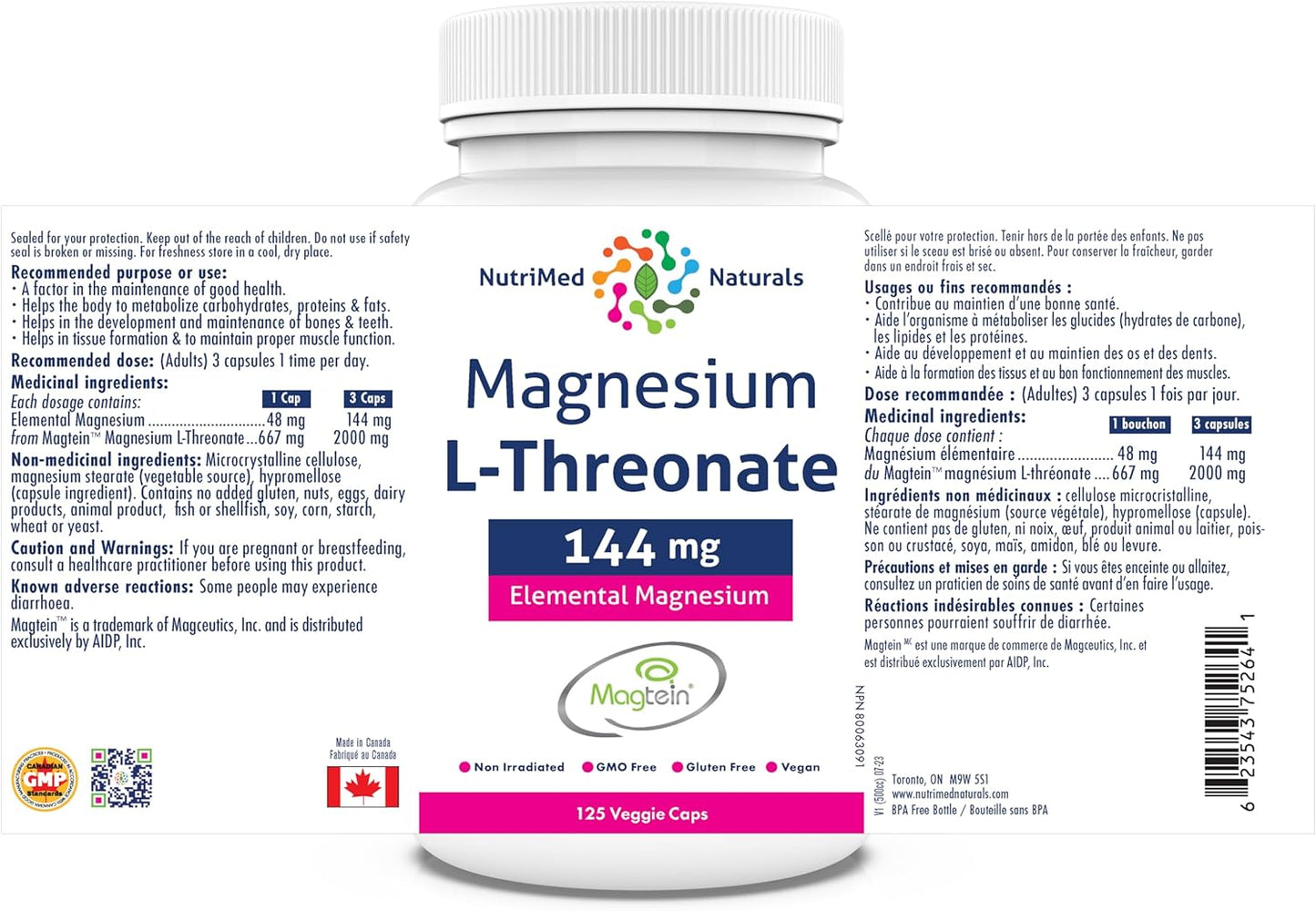 Magtein Magnesium L-Threonate Capsules 144mg - 125 Count - Nutrimed Naturals - 3rd Party Tested