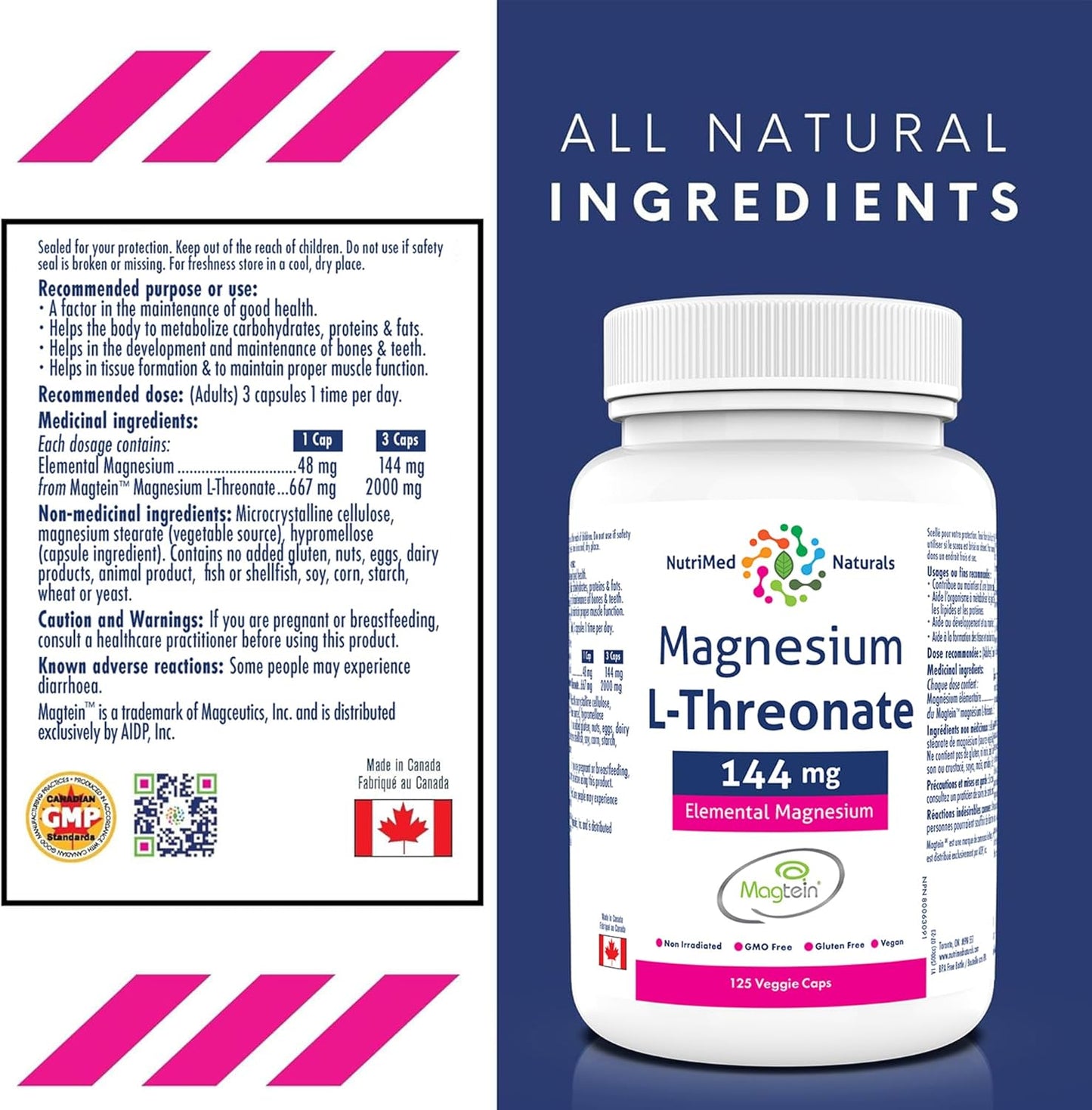 Magtein Magnesium L-Threonate Capsules 144mg - 125 Count - Nutrimed Naturals - 3rd Party Tested