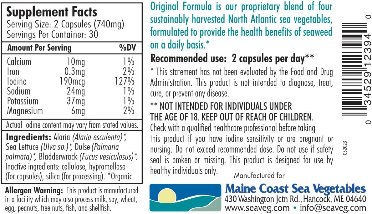 Maine Coast Sea Vegetables Seaweed Support Original Formula - 60 Capsules - Natural Iodine Supplement for Thyroid Health