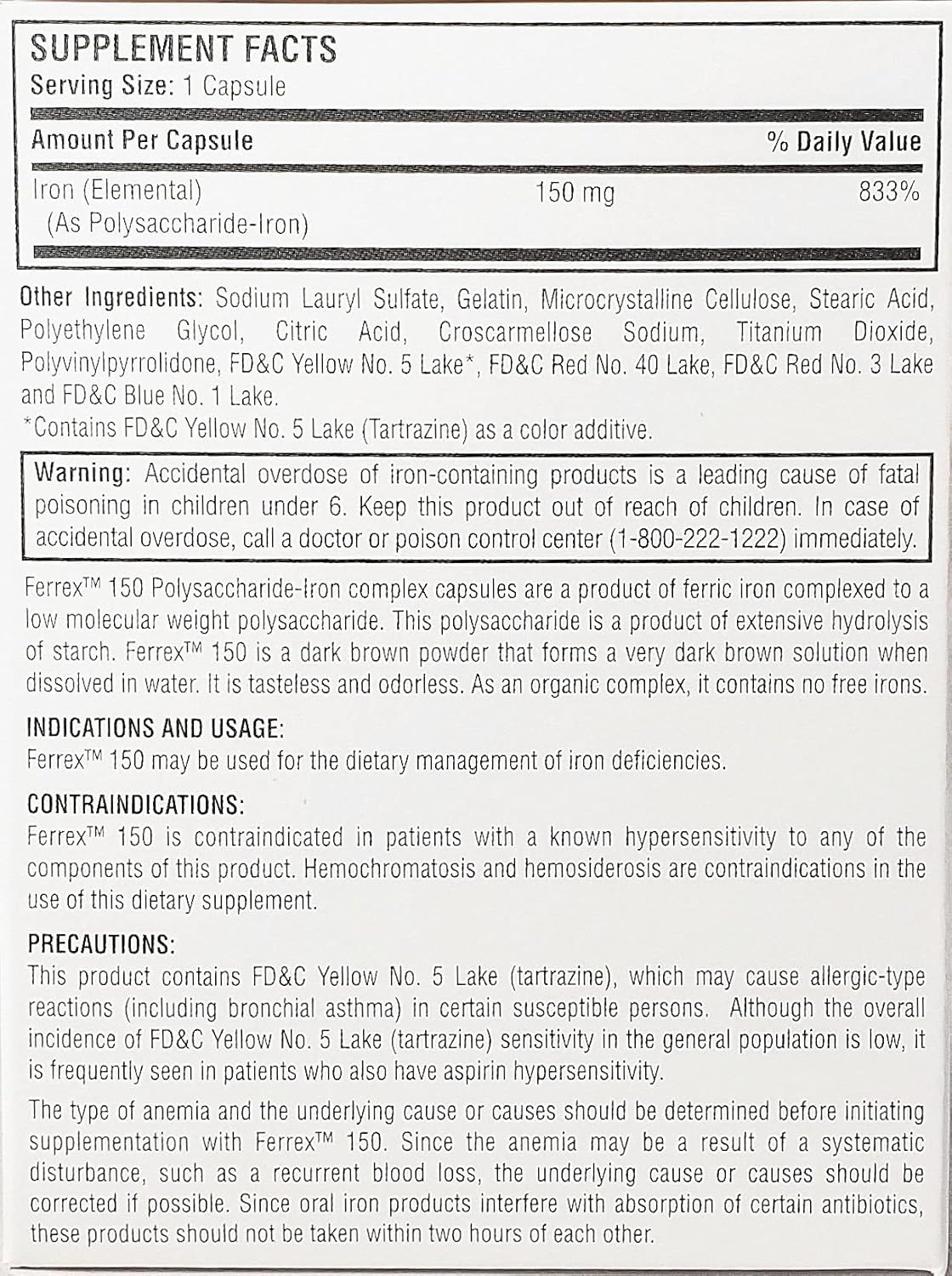 MAJOR PHARM Ferrex-150 Polysaccharide-Iron Complex Capsules 100 Count