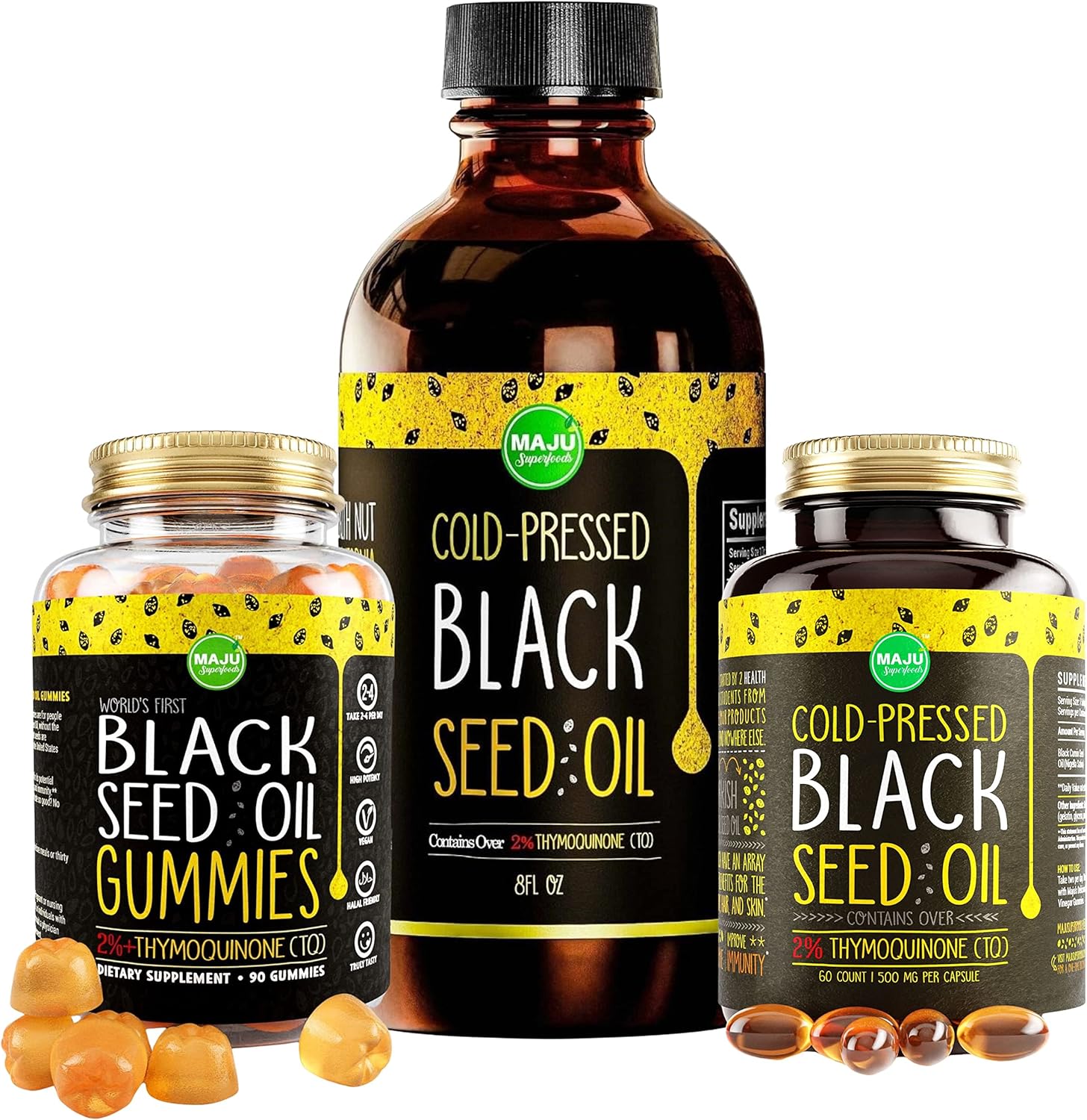 Maju Superfoods Black Seed Oil Bundle - Gummies, Capsules, & Liquid - 3-in-1 Pack