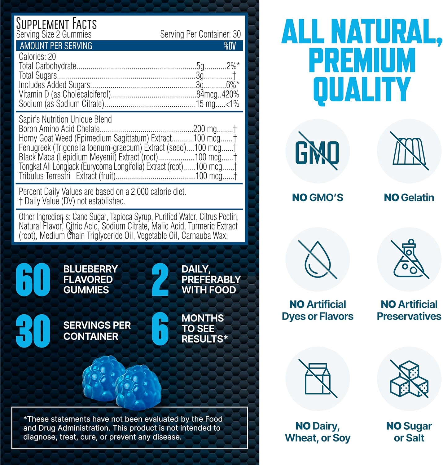 Male Enhancement Strength & Stamina Enhancer Gummies for Energy, Stamina, and Performance - Natural Blueberry Flavored Chews with 2 Inch Enlargement Support by Sapir's Nutrition