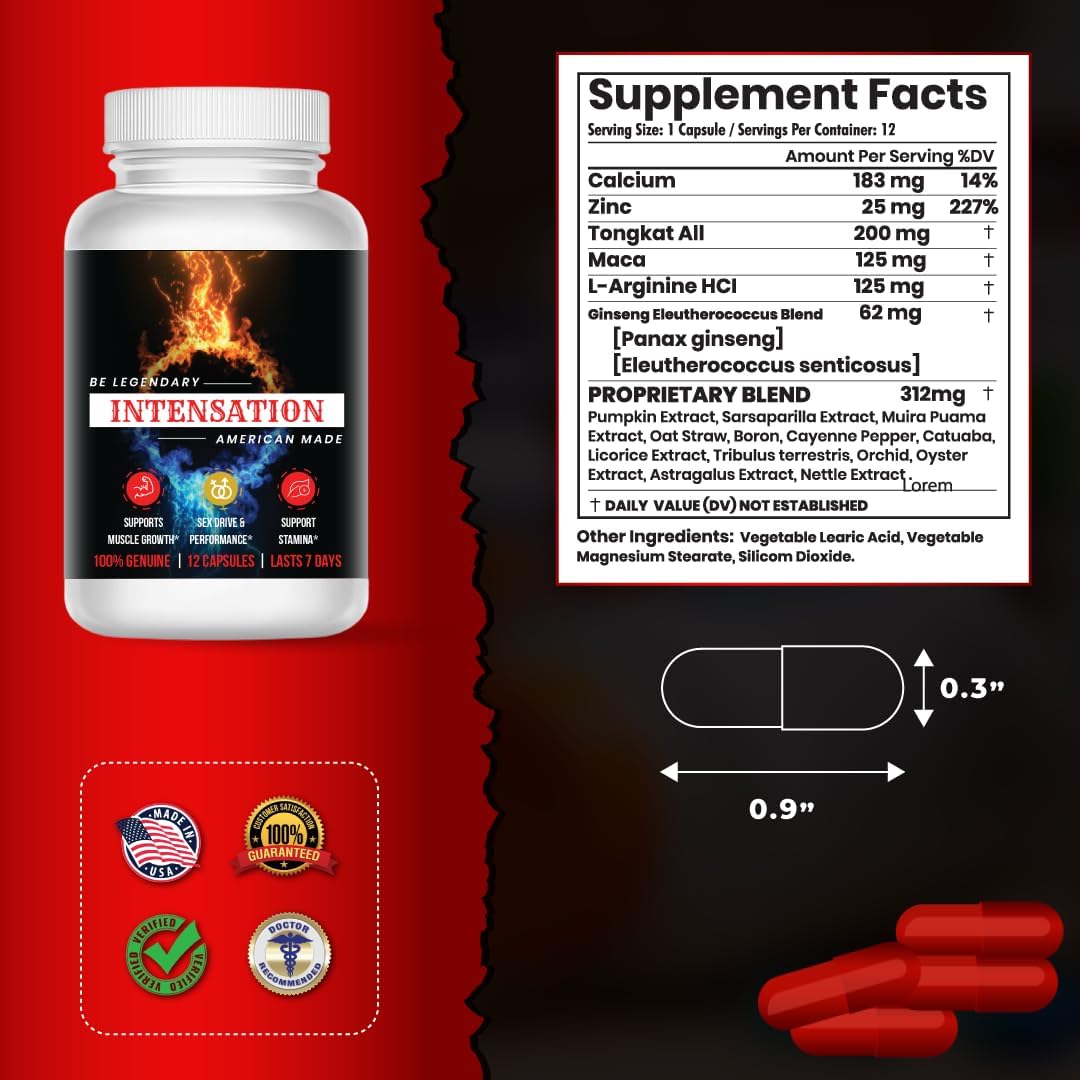 Male Enhancement Supplement for Stamina & Energy Boost - All Natural Ingredients - Last Longer, Increase Size & Strength - 12 Tablets