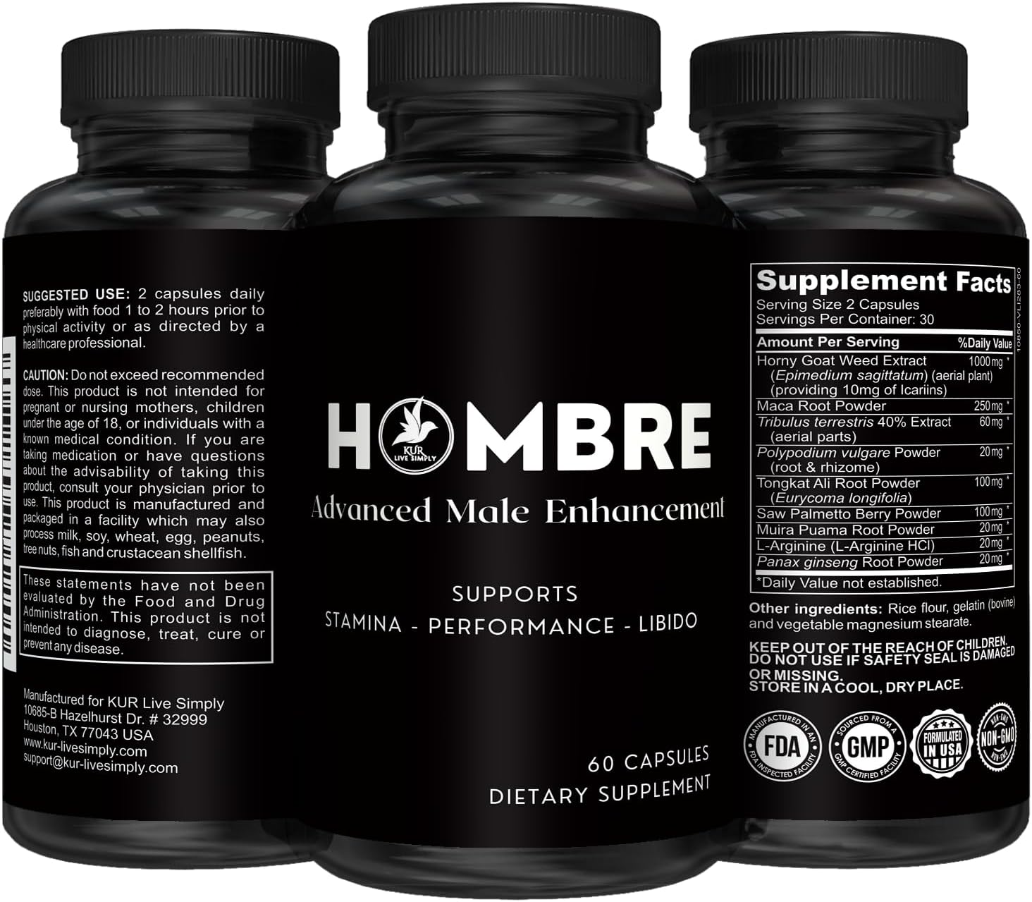 Male Enhancing Supplement for Muscle Growth and Performance - Enlargement Pills for Men - Increase Size, Strength, Stamina - 60 Capsules - KUR Live Simply Hombre