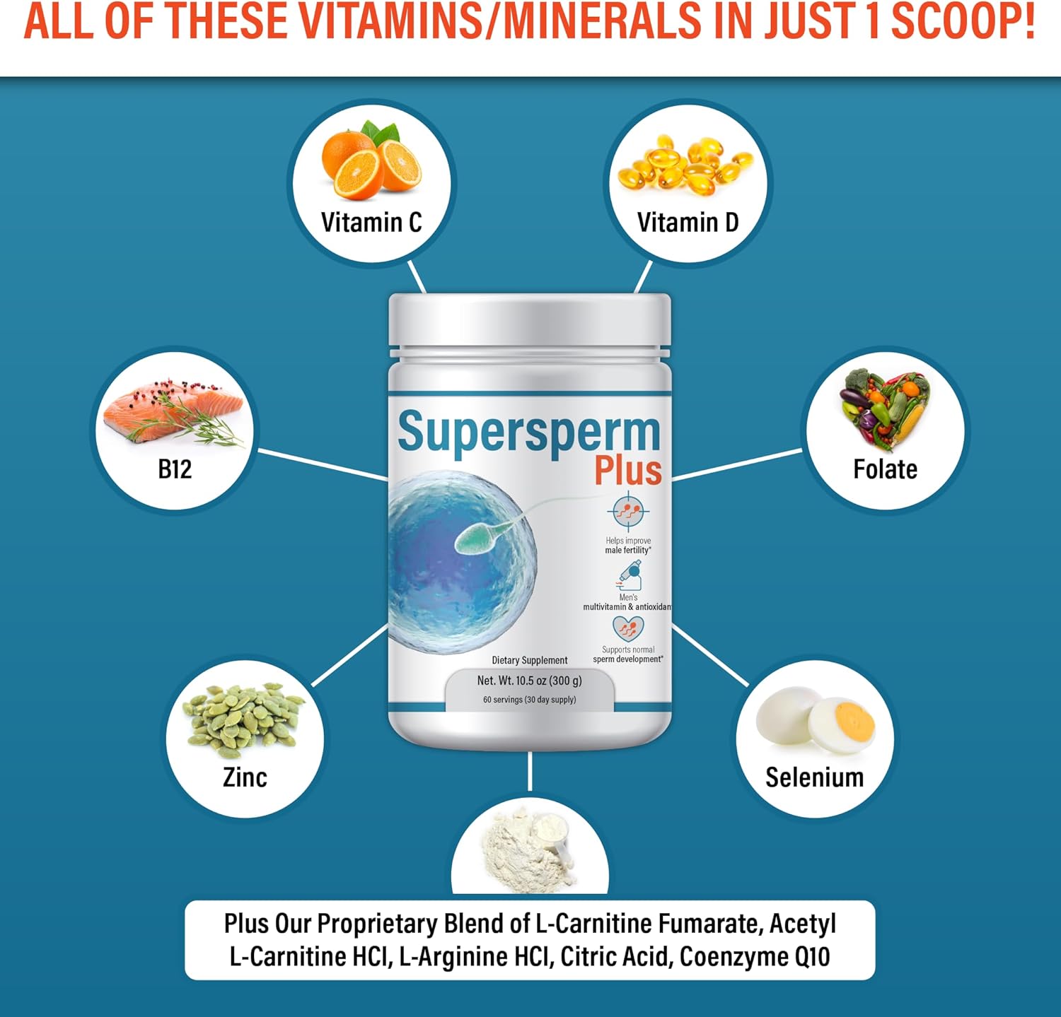 Male Fertility Supplement with L-Carnitine and L-Arginine for Optimal Sperm Count and Volume - 1 Month Supply of Powder - Preconception Formula