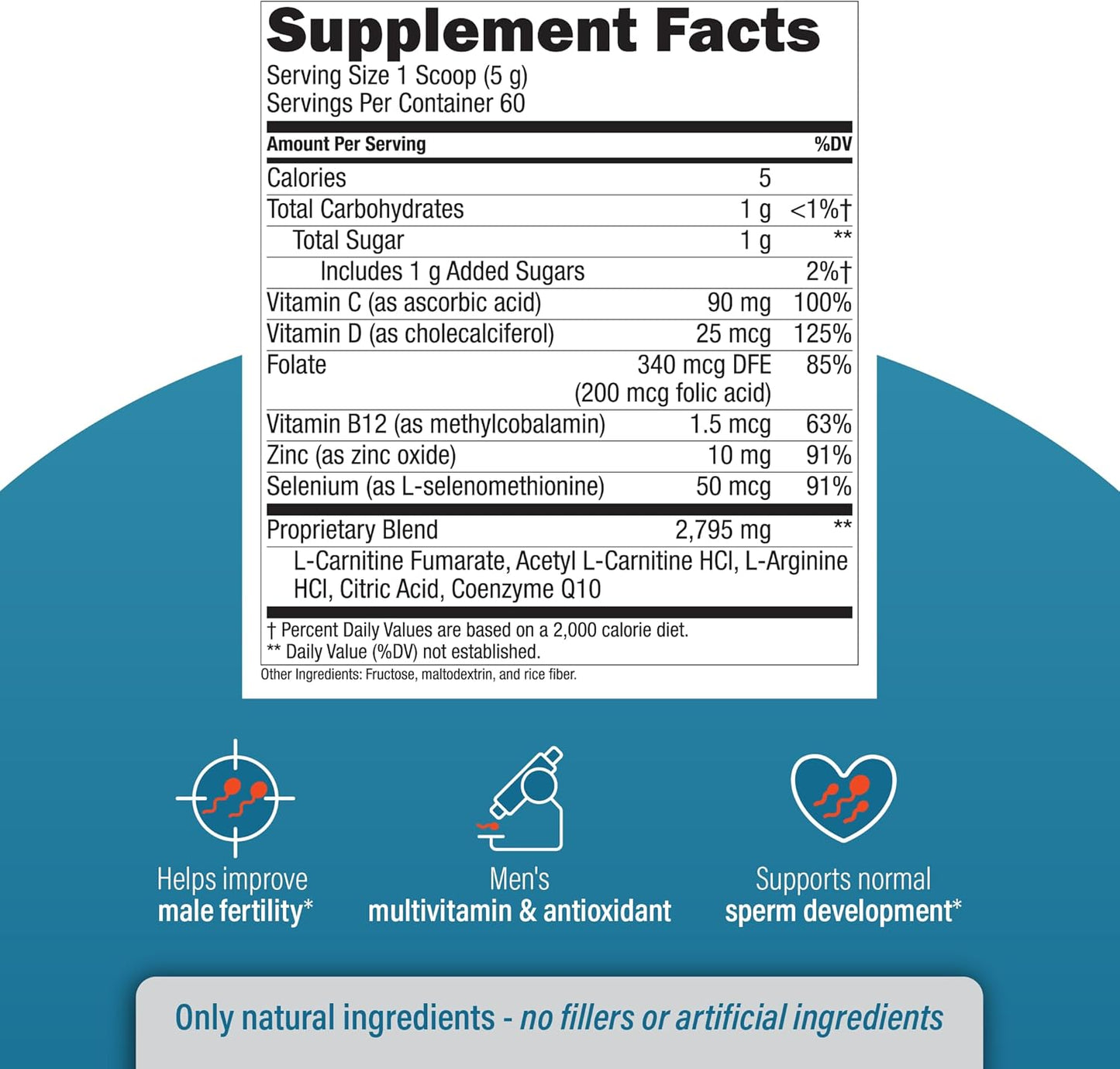Male Fertility Supplement with L-Carnitine and L-Arginine for Optimal Sperm Count and Volume - 1 Month Supply of Powder - Preconception Formula