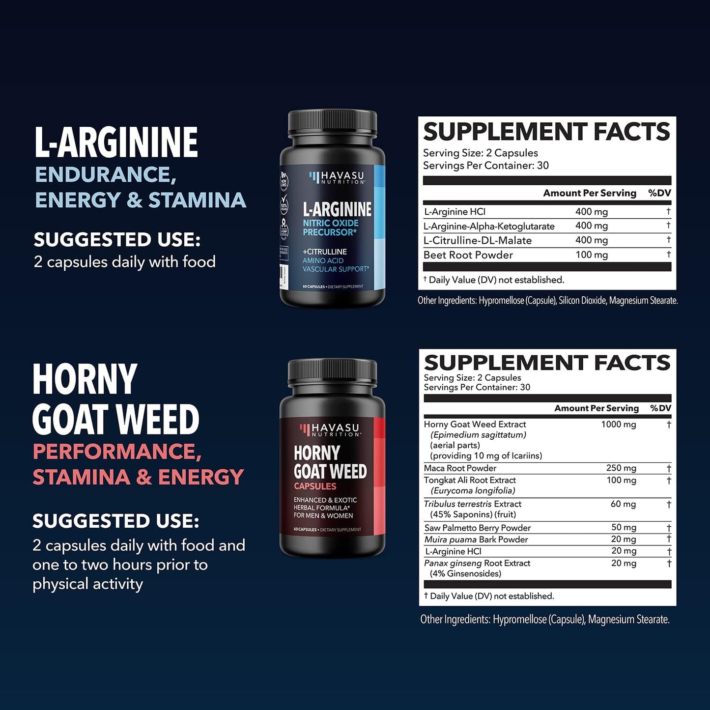 Male Health Supplement Bundle: HAVASU NUTRITION L Arginine & Horny Goat Weed for Performance & Endurance