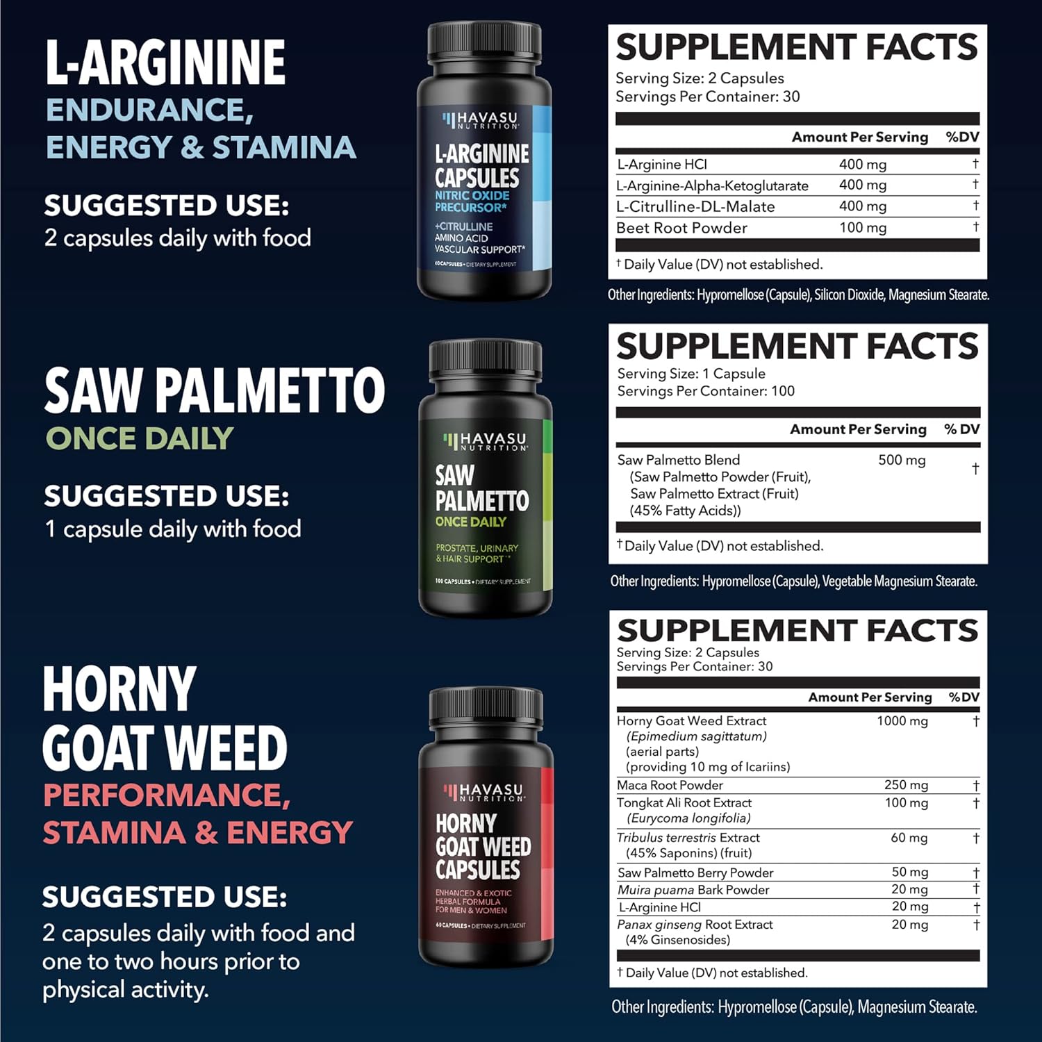 Male Performance & Endurance Bundle: HAVASU NUTRITION L Arginine, Horny Goat Weed, Saw Palmetto Supplement