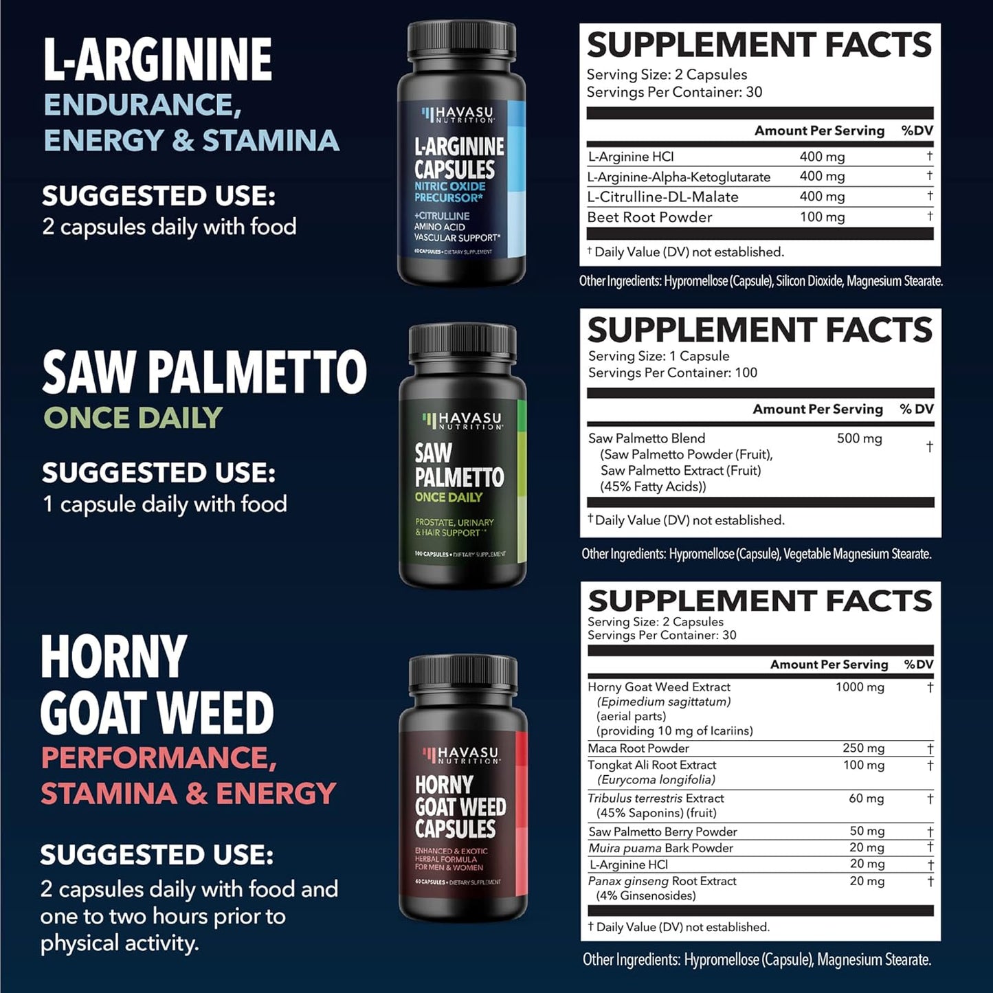 Male Performance & Endurance Bundle: HAVASU NUTRITION L Arginine, Horny Goat Weed, Saw Palmetto Supplement