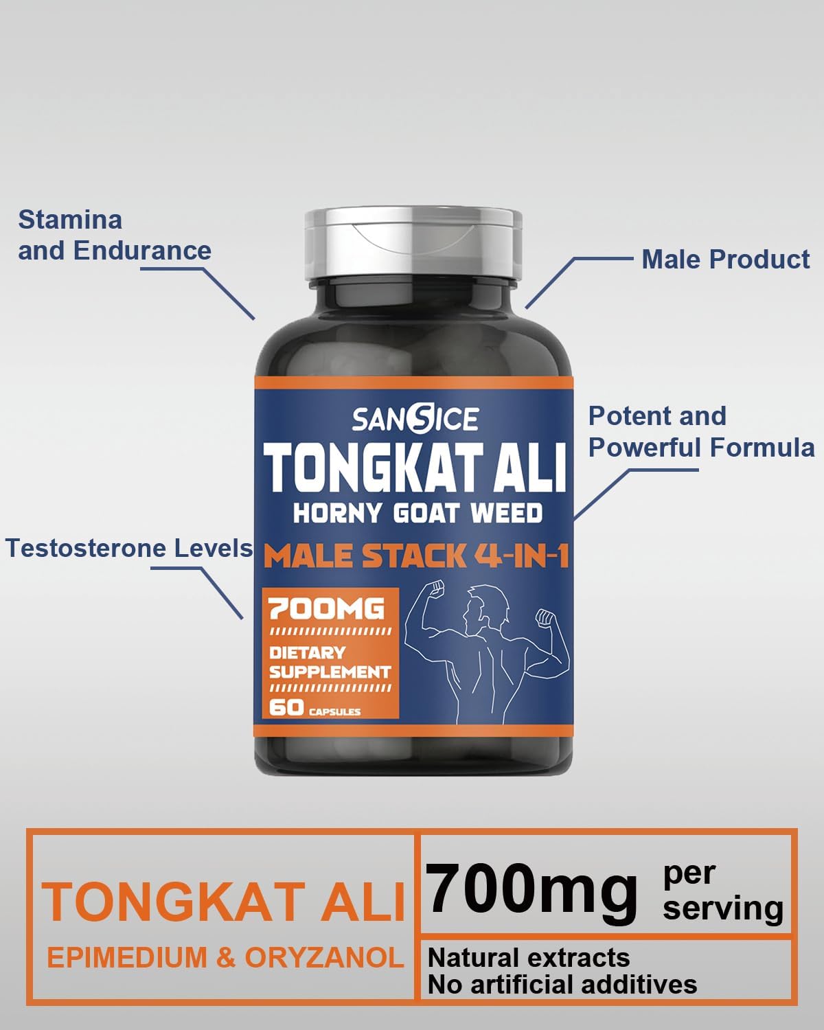 Male Vitality Supplement with Tongkat Ali, Horny Goat Weed, Oryzanol & Colostrum - Hormone, Energy, Strength - 60 Capsules