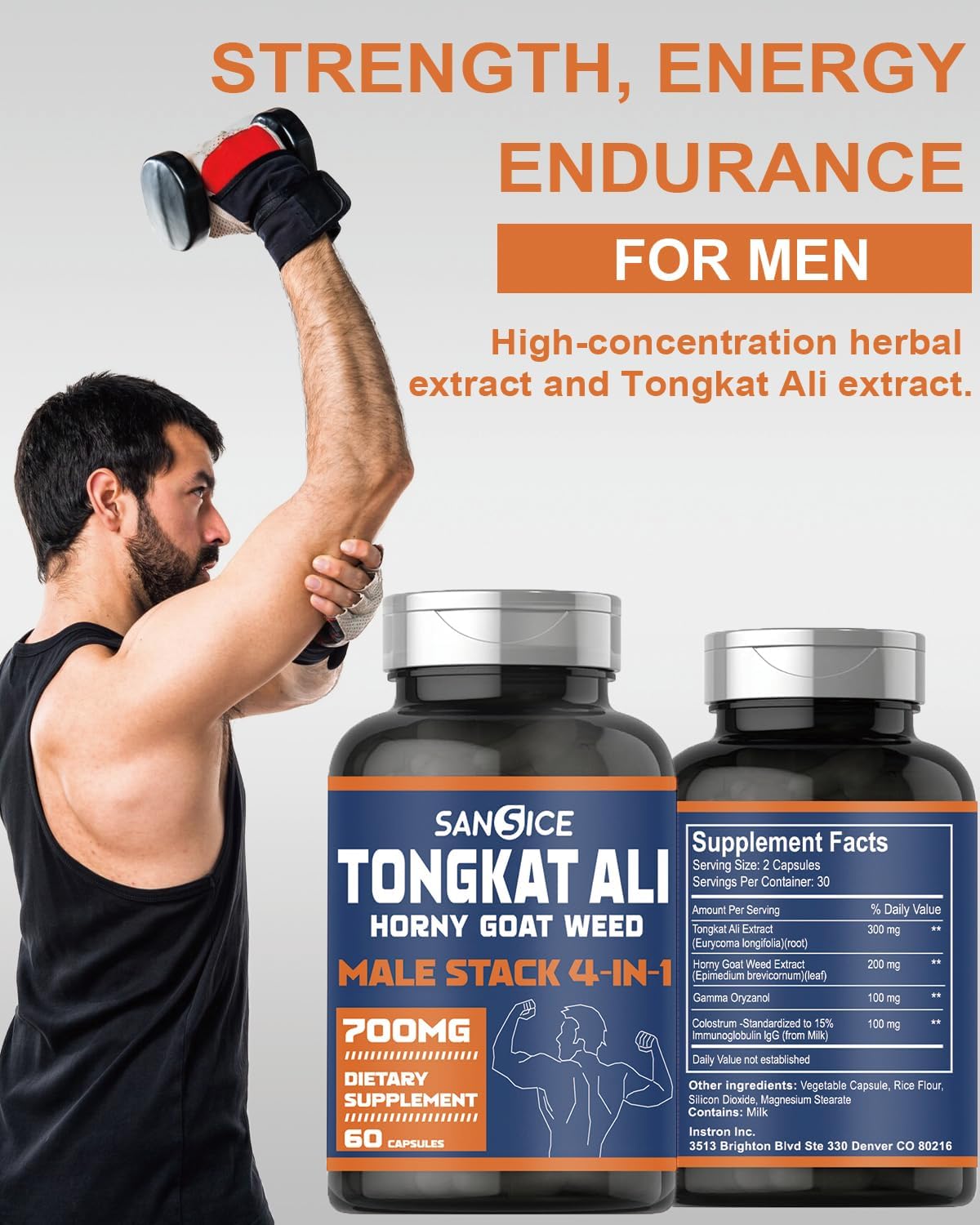 Male Vitality Supplement with Tongkat Ali, Horny Goat Weed, Oryzanol & Colostrum - Hormone, Energy, Strength - 60 Capsules