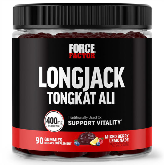 Male Vitality Support with Force Factor Longjack Tongkat Ali Gummies - 400mg Tongkat Ali & BioPerine, Mixed Berry Lemonade, 90 Gummies