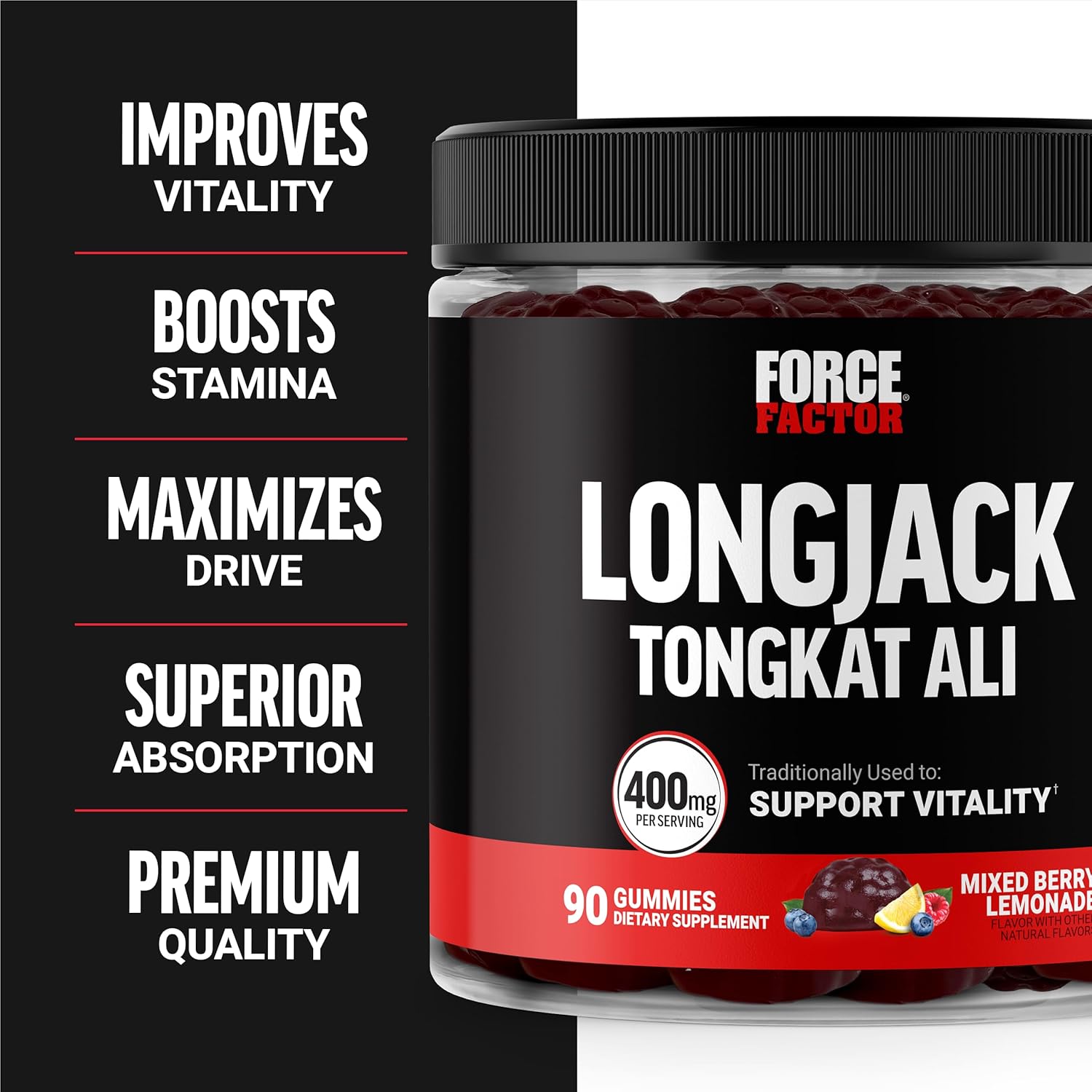 Male Vitality Support with Force Factor Longjack Tongkat Ali Gummies - 400mg Tongkat Ali & BioPerine, Mixed Berry Lemonade, 90 Gummies