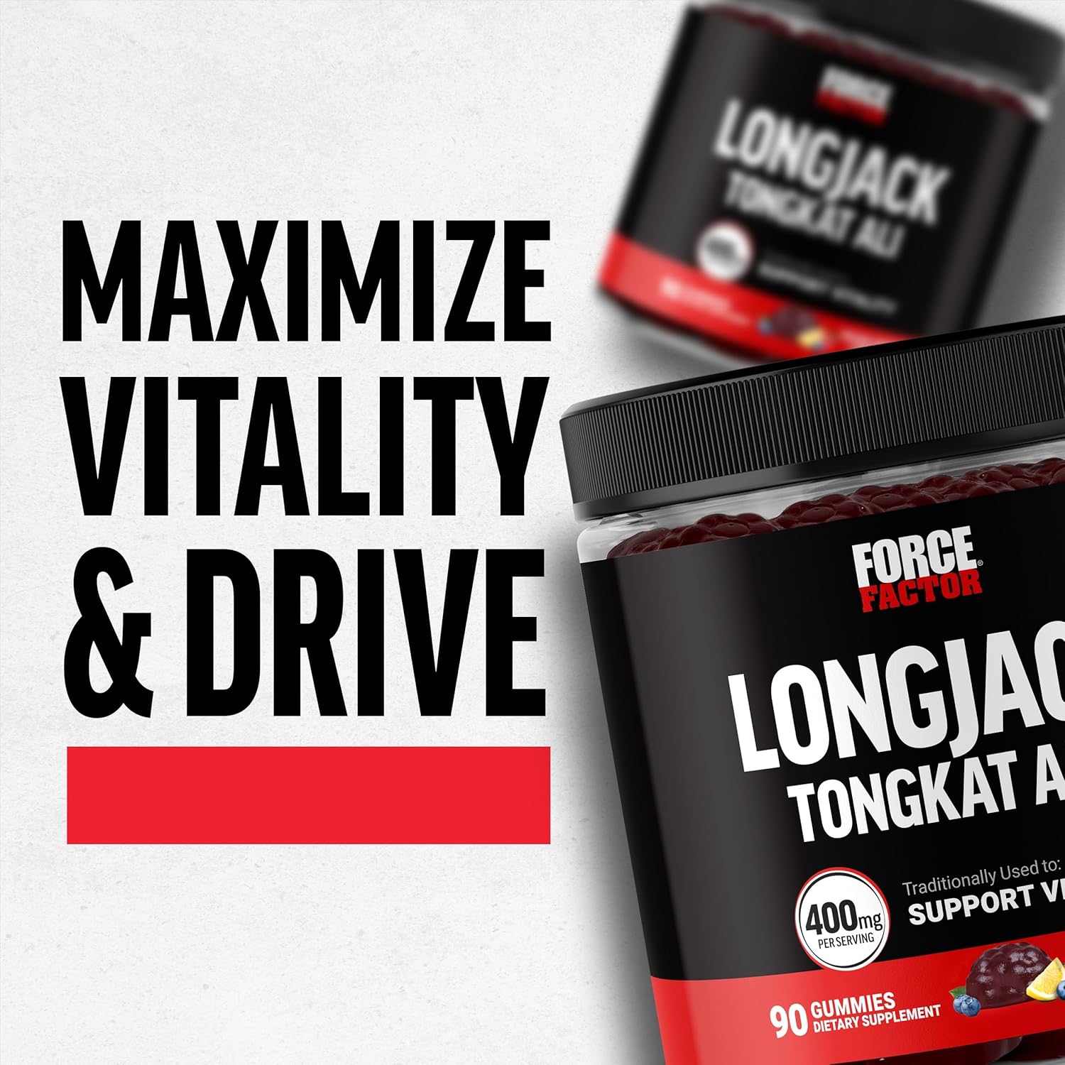 Male Vitality Support with Force Factor Longjack Tongkat Ali Gummies - 400mg Tongkat Ali & BioPerine, Mixed Berry Lemonade, 90 Gummies