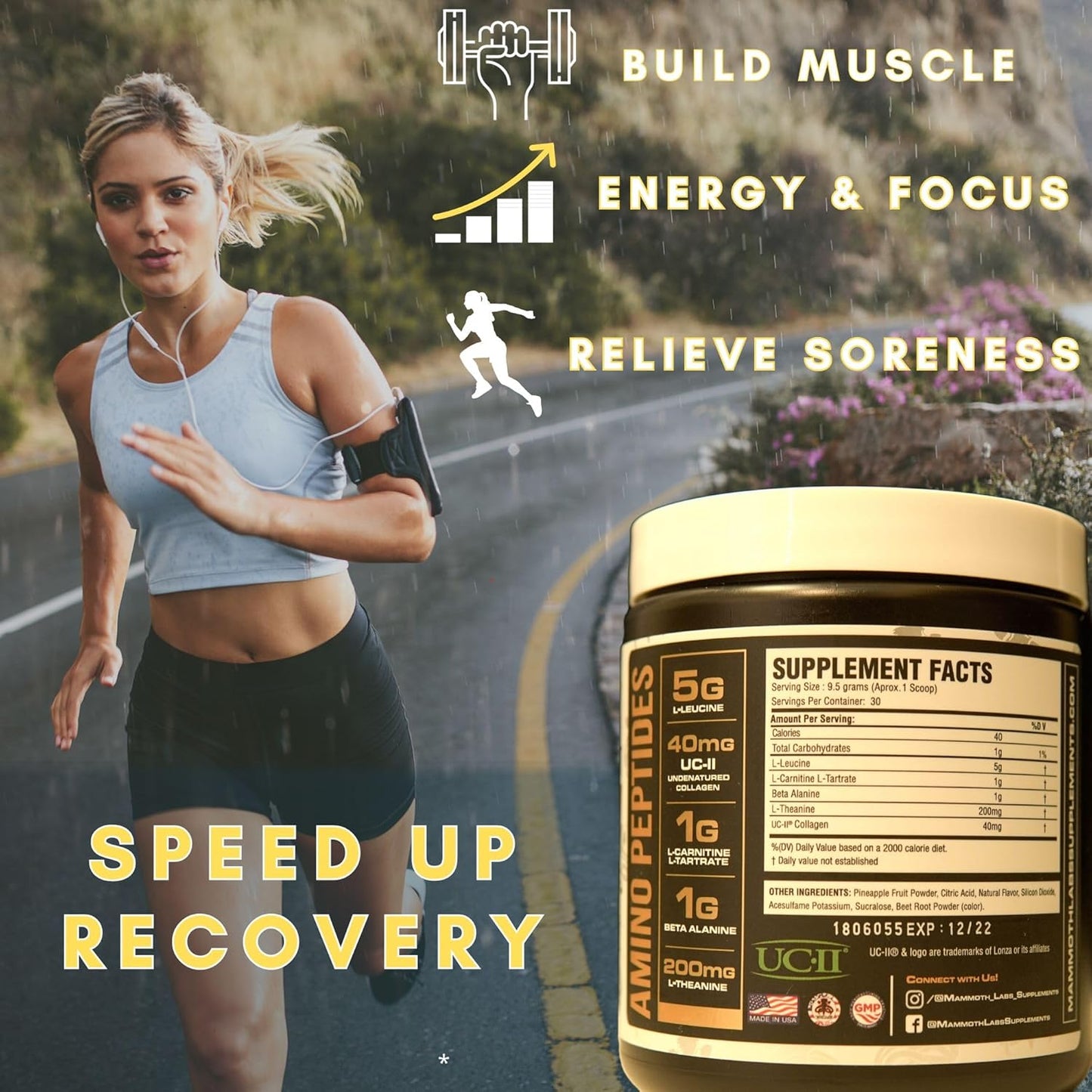 Mammoth Labs BCAA Muscle Recovery Drink with Amino Acids, Collagen, Leucine, Beta Alanine, Carnitine - Sugar & Caffeine Free