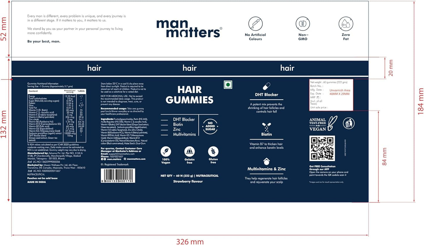 Man Matters Biotin Hair Gummies with Hair Vitamins for Healthy Hair - 60 Gummies