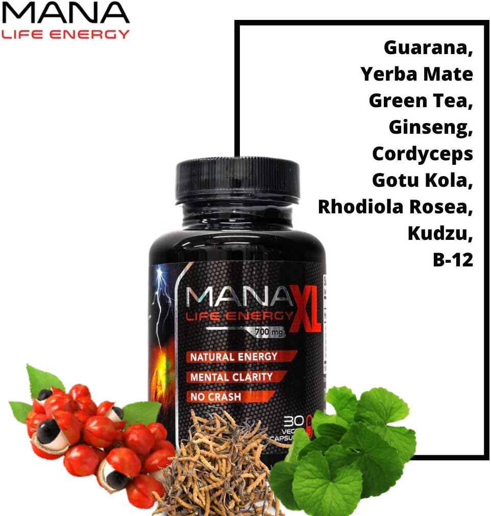 MANA Life Energy Supplement - Boost Focus, Clarity, Athletic Performance, & Mood - Vegan Capsules, Non GMO, No Crash