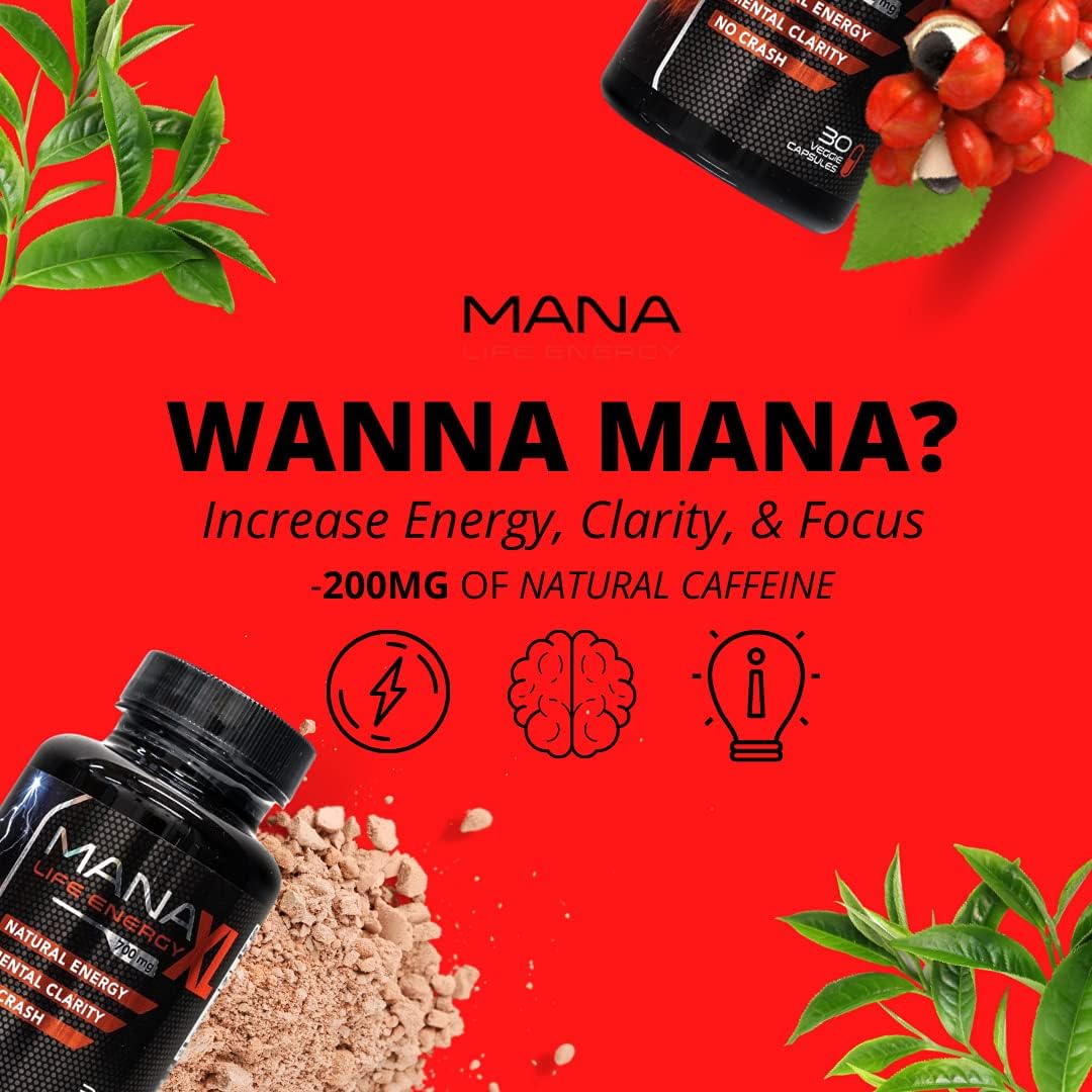 MANA Life Energy Supplement - Boost Focus, Clarity, Athletic Performance, & Mood - Vegan Capsules, Non GMO, No Crash