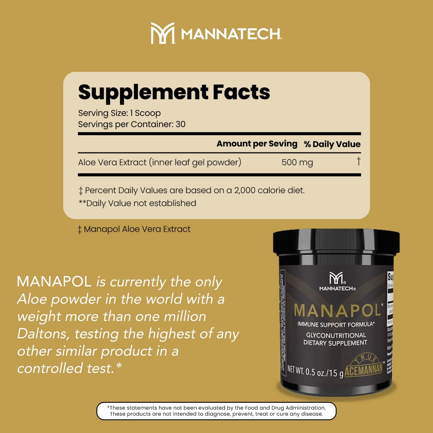 Manapol Aloe Vera Immune Support Formula Powder for Digestive Health & Immunity Boost - 0.5oz/15g Supplement