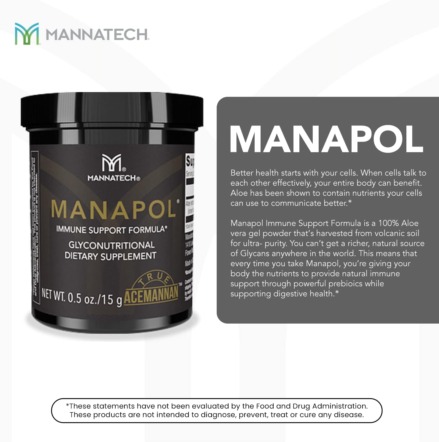 Manapol Aloe Vera Immune Support Formula Powder for Digestive Health & Immunity Boost - 0.5oz/15g Supplement