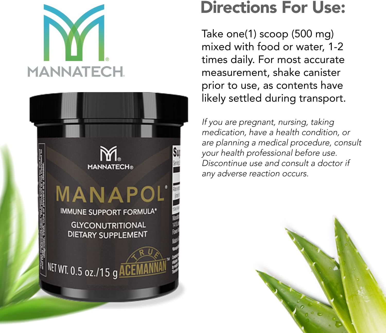 Manapol Aloe Vera Immune Support Formula Powder for Digestive Health & Immunity Boost - 0.5oz/15g Supplement