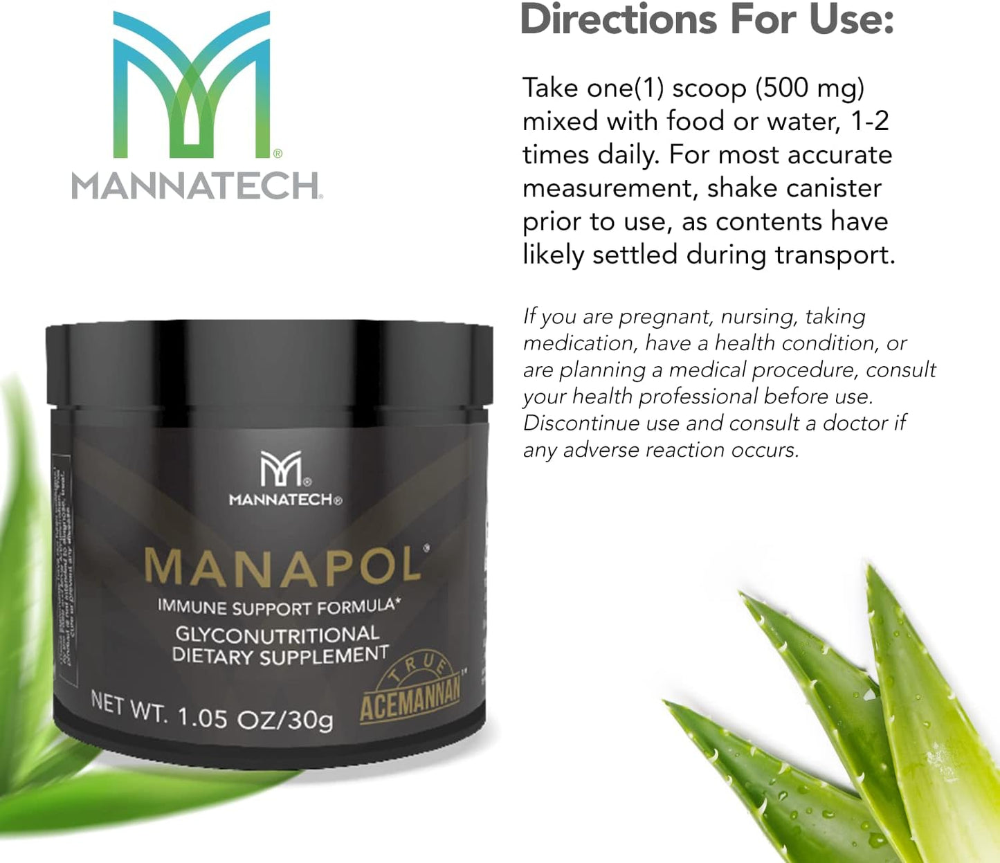 Manapol Aloe Vera Powder Prebiotic Supplement for Immune Support & Digestive Health - 1.05oz/30g