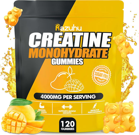 Mango Flavored Creatine Monohydrate Gummies - 4g per Serving, Vegan Pre-Workout Supplement for Men & Women - Sugar Free, 120 Count
