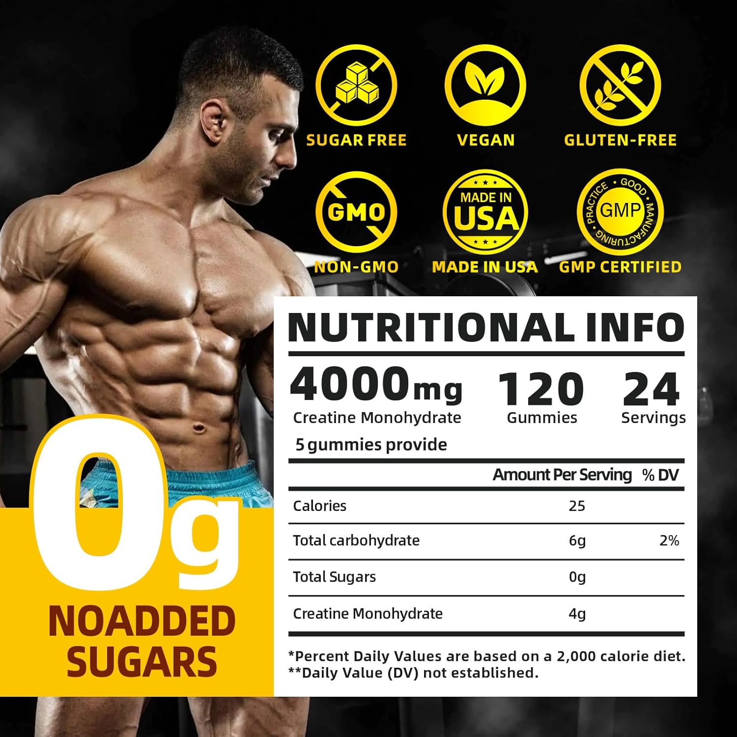 Mango Flavored Creatine Monohydrate Gummies - 4g per Serving, Vegan Pre-Workout Supplement for Men & Women - Sugar Free, 120 Count