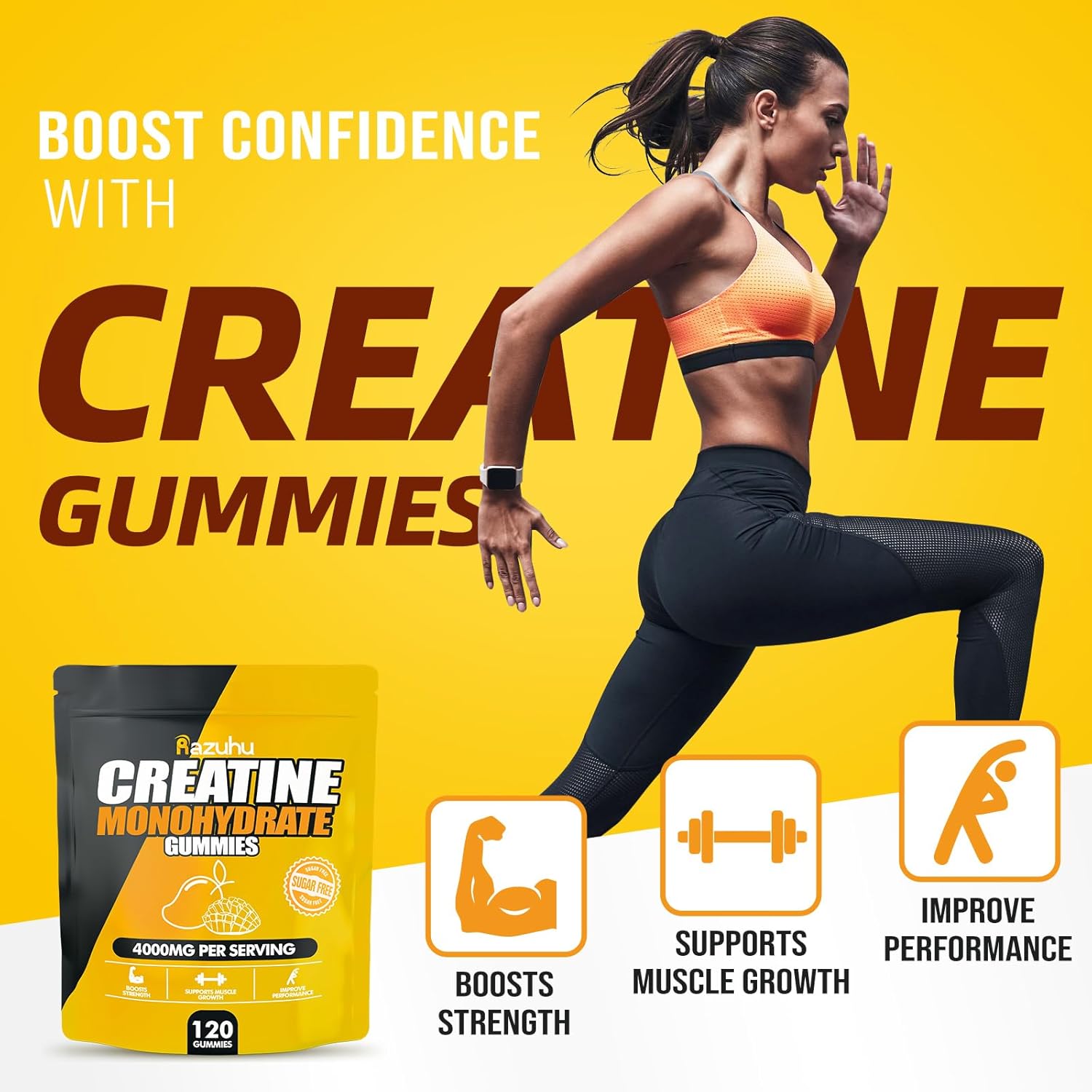 Mango Flavored Creatine Monohydrate Gummies - 4g per Serving, Vegan Pre-Workout Supplement for Men & Women - Sugar Free, 120 Count