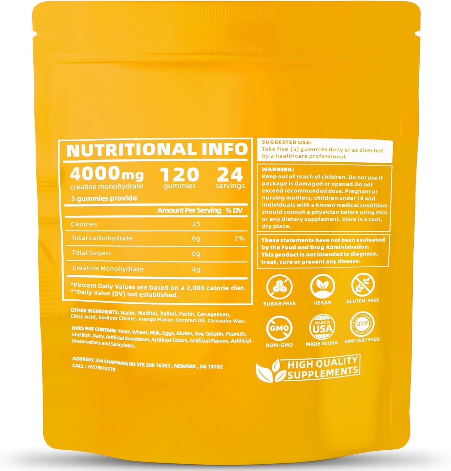 Mango Flavored Creatine Monohydrate Gummies - 4g per Serving, Vegan Pre-Workout Supplement for Men & Women - Sugar Free, 120 Count