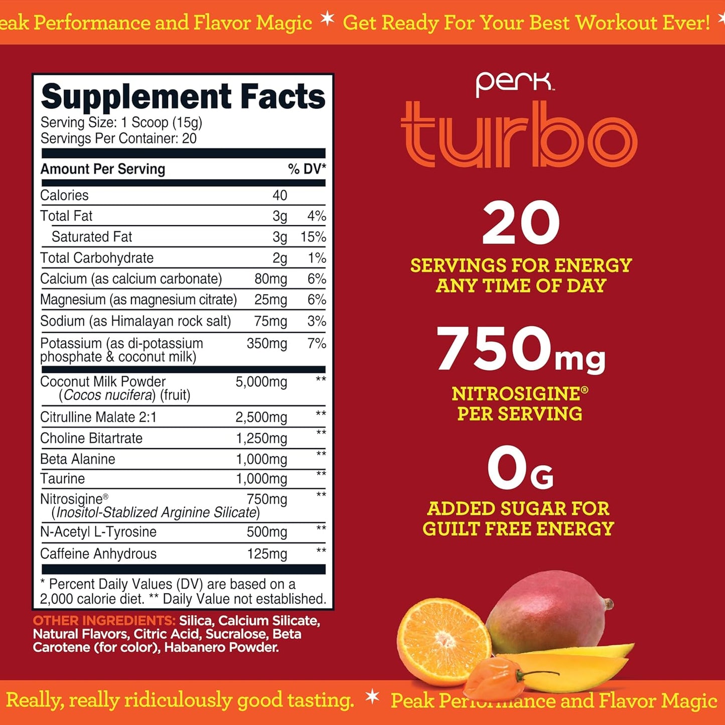 Mango Habanero Flavored Perk Turbo Pre-Workout Powder - 20 Servings, Gluten-Free