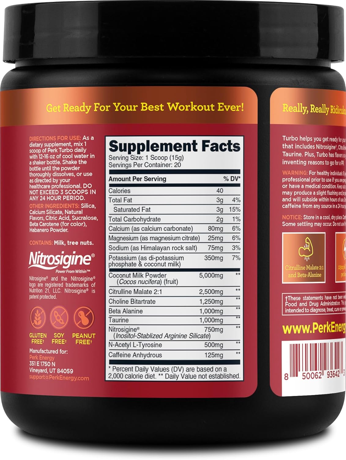 Mango Habanero Flavored Perk Turbo Pre-Workout Powder - 20 Servings, Gluten-Free