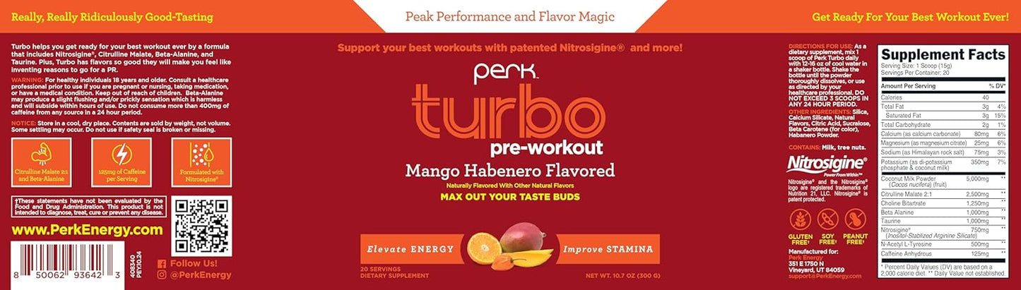 Mango Habanero Flavored Perk Turbo Pre-Workout Powder - 20 Servings, Gluten-Free