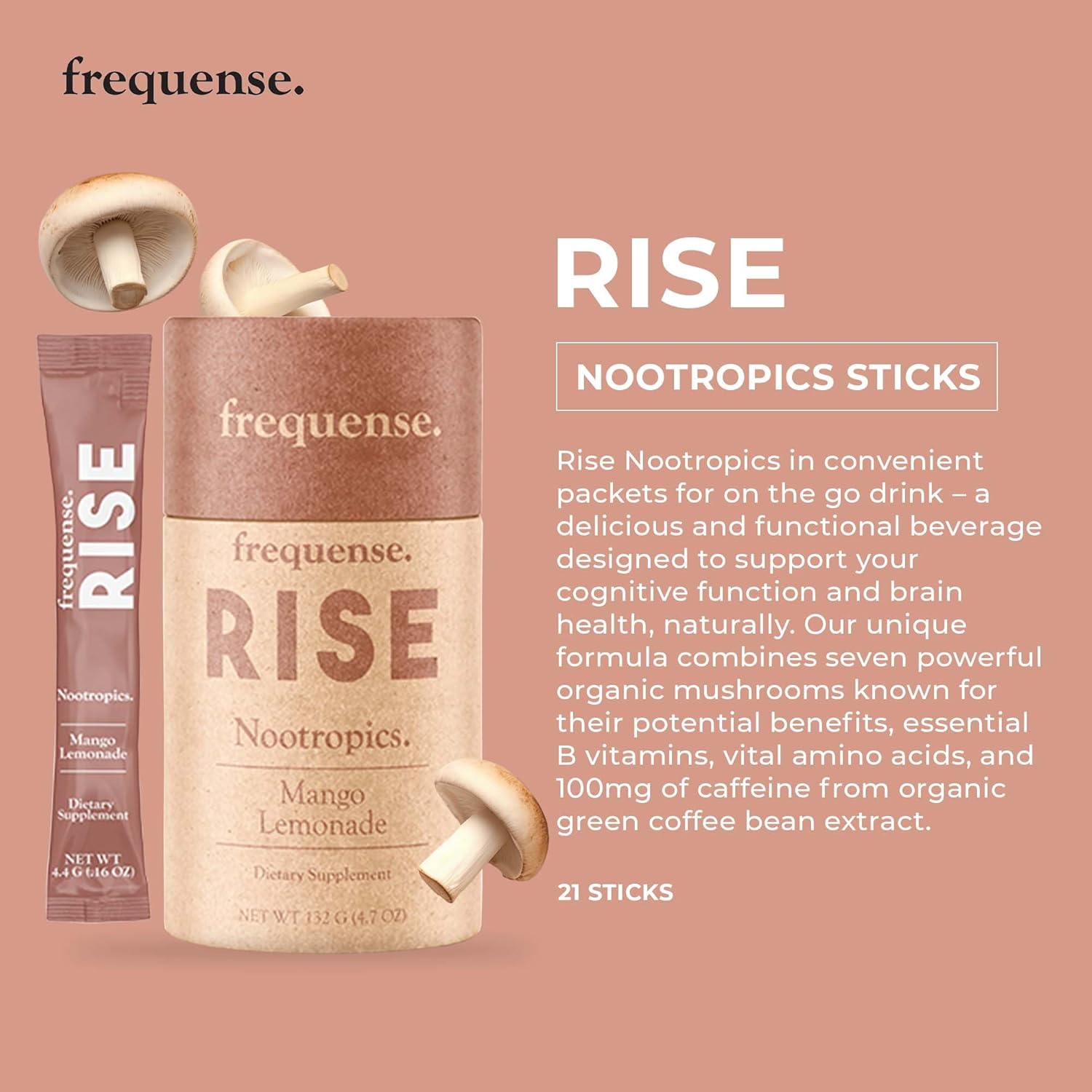 Mango Lemonade Nootropic Sticks for Brain Performance with Mushrooms, B Vitamins & Green Coffee - 132g