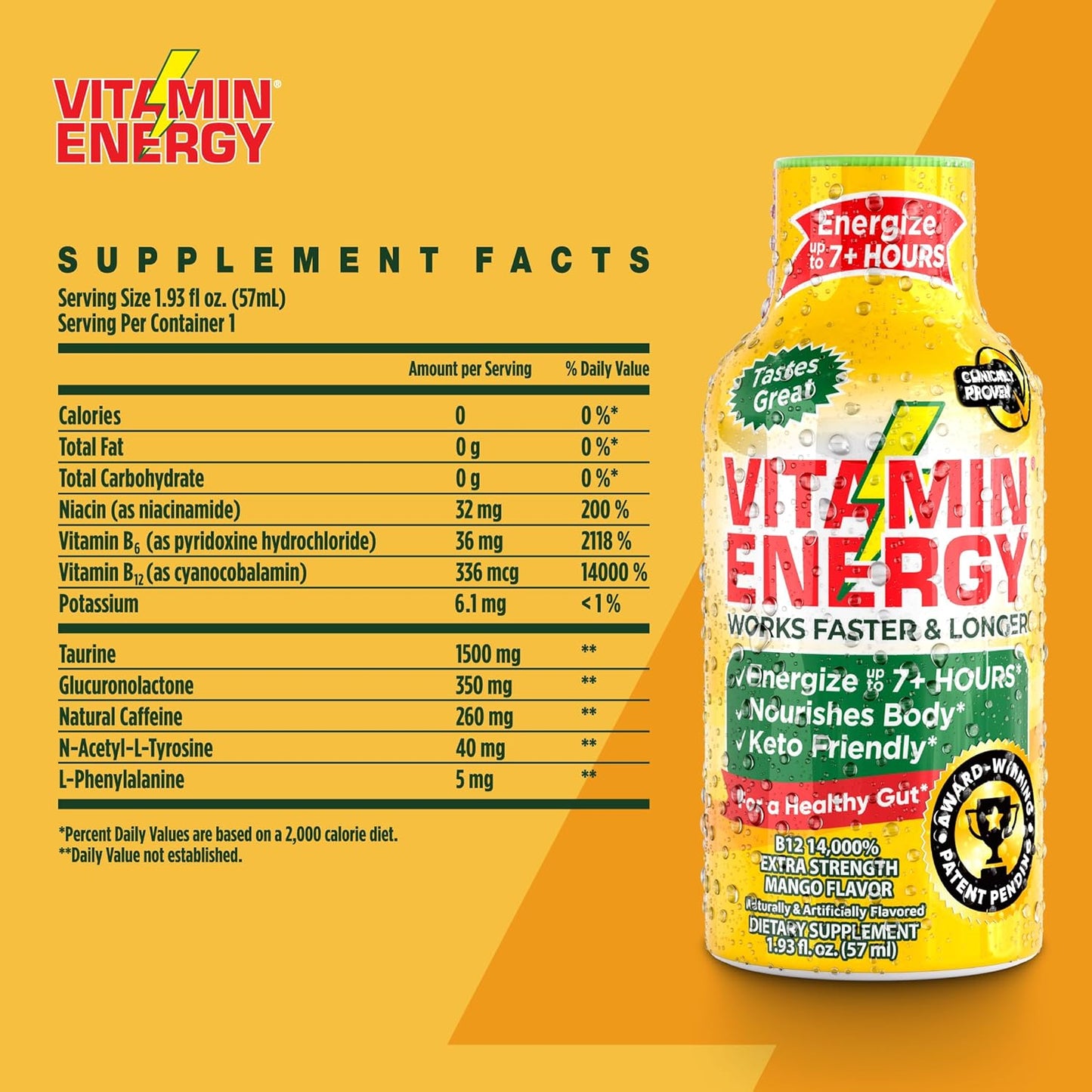 Mango Vitamin B12 Energy Shots - Natural Focus Drink, Sugar-Free, Energize 7+ Hours - Pack of 12