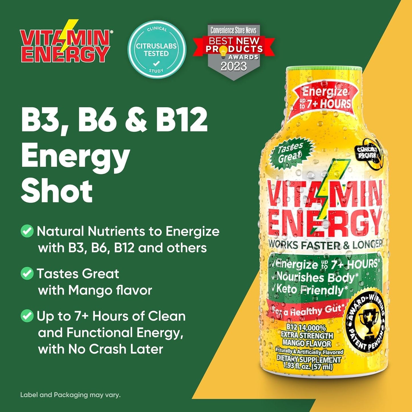 Mango Vitamin B12 Energy Shots - Natural Focus Drink, Sugar-Free, Energize 7+ Hours - Pack of 12