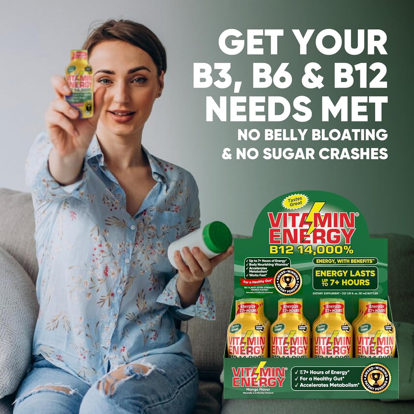 Mango Vitamin B12 Energy Shots - Natural Focus Drink, Sugar-Free, Energize 7+ Hours - Pack of 12