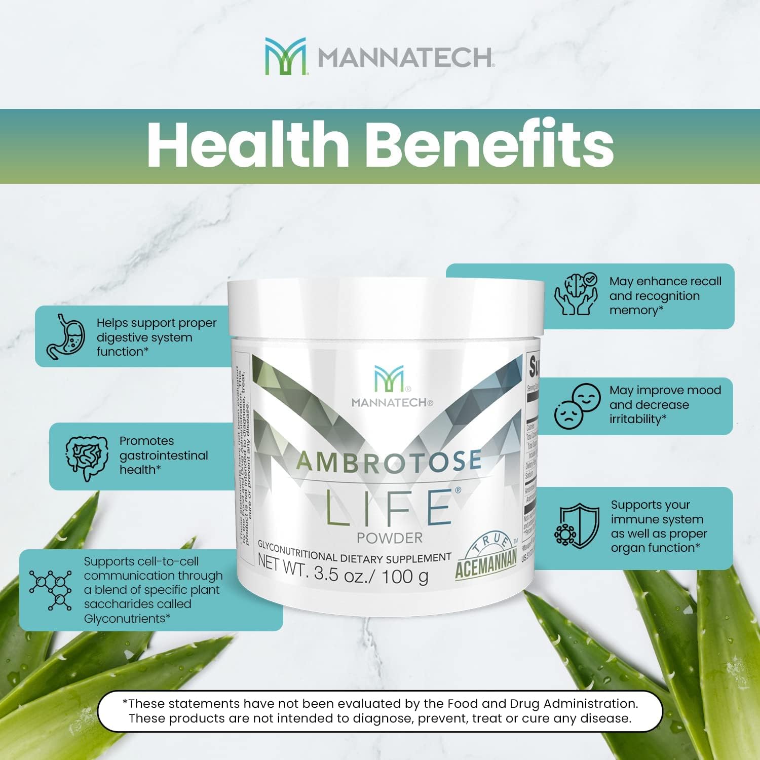 Mannatech Ambrotose Life Immune Support Powder - 100g with Manapol Aloe Vera - 100% Natural Supplement for Healthy Immune Defense and Cell Communication
