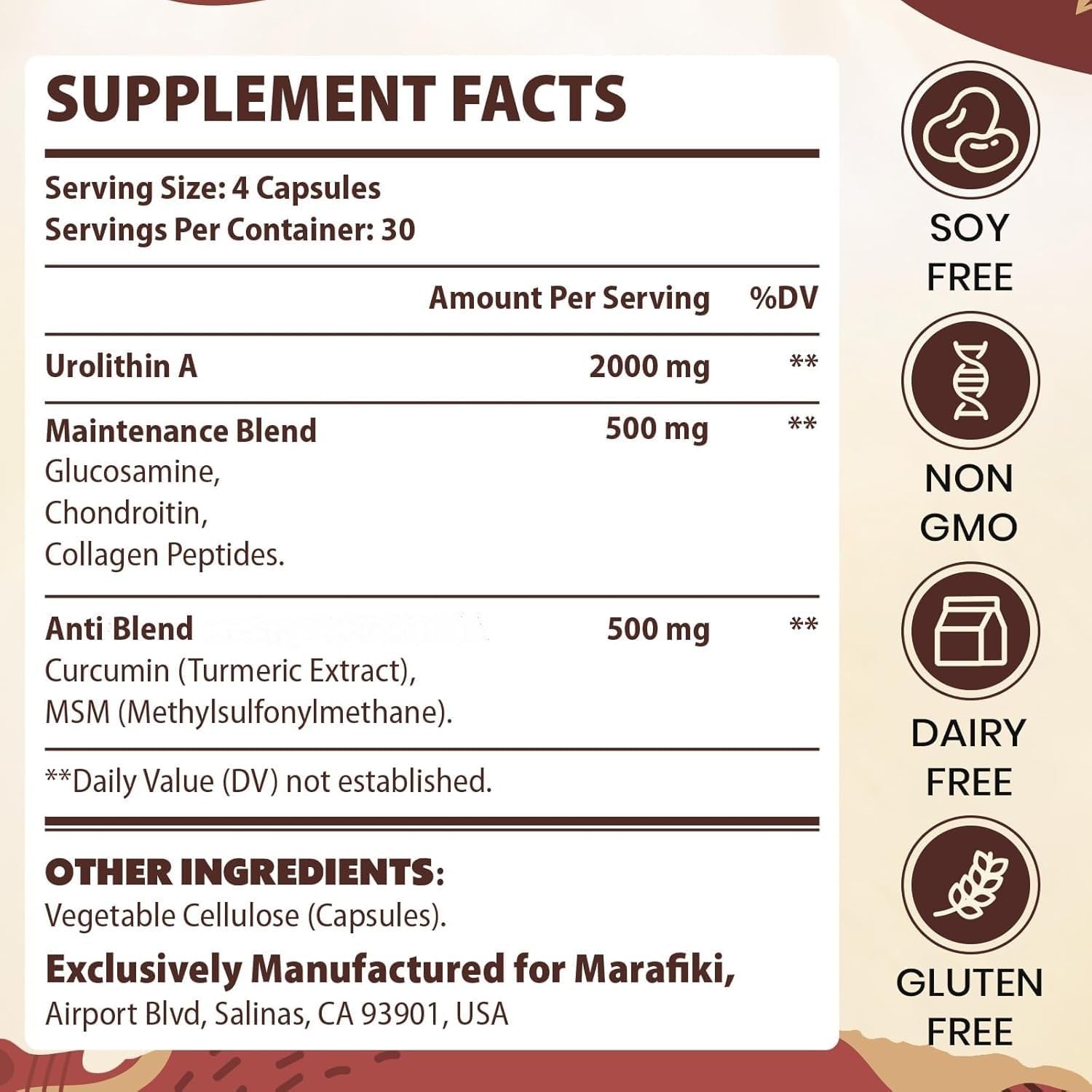 Marafiki Urolithin A Supplement 2000mg with Joint Support Blend - 120 Capsules