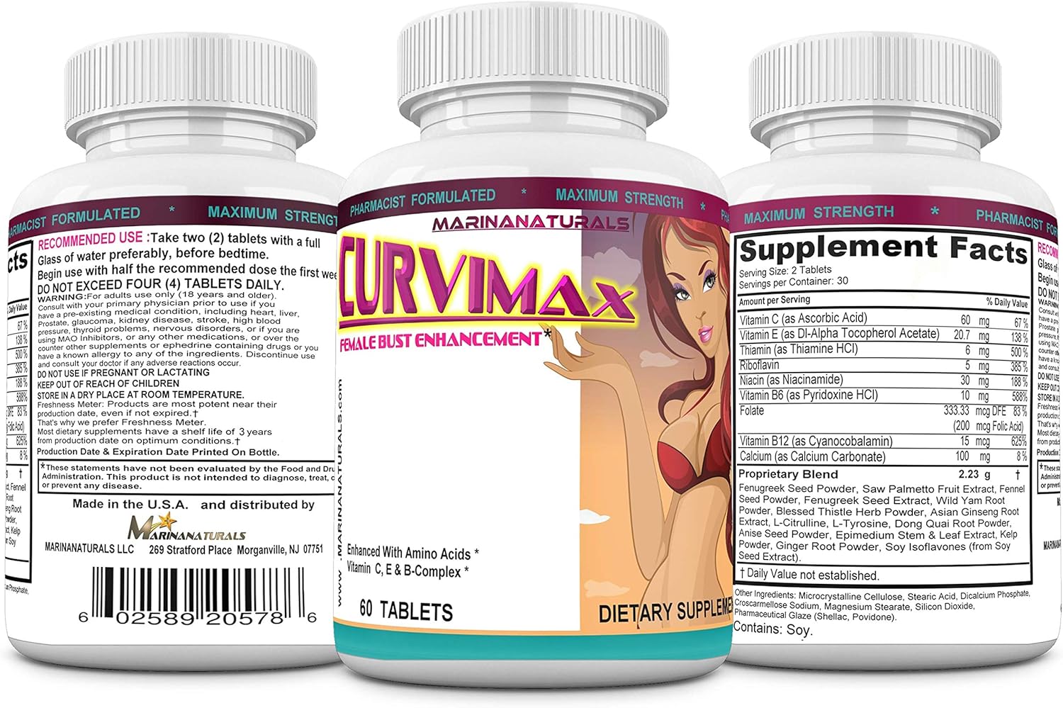 MARINANATURALS CURVIMAX Female Breast Enhancement Pills - 60 Tablets for Enlargement