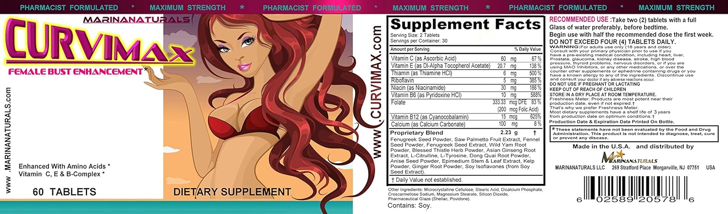 MARINANATURALS CURVIMAX Female Breast Enhancement Pills - 60 Tablets for Enlargement