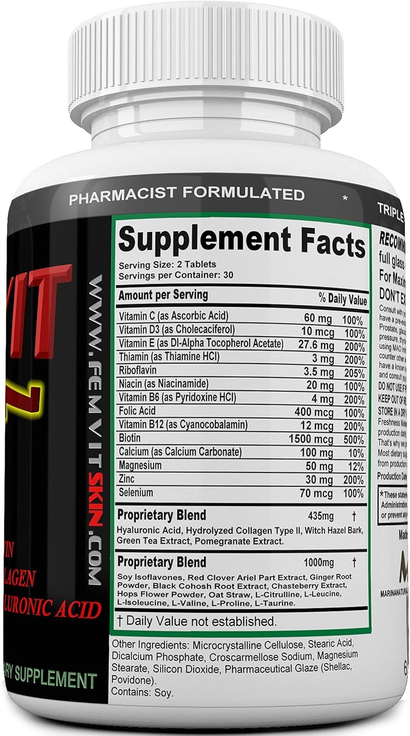 MARINANATURALS FEMVIT Skin Supplement for Youthful Skin, Anti Aging & Wrinkle Reduction with Collagen, Hyaluronic Acid & Biotin - 60 Tablets