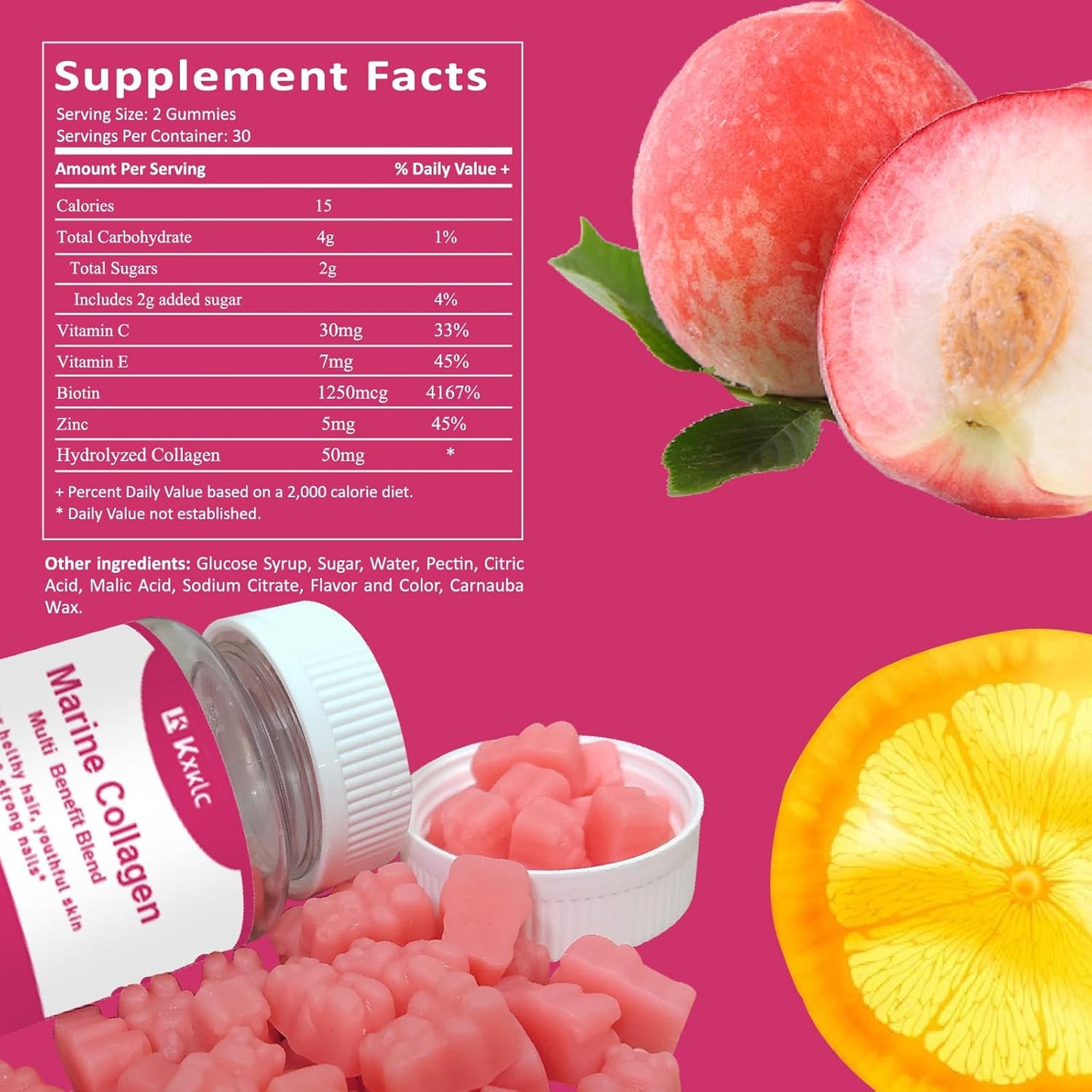 Marine Collagen Gummies with Vitamin C, Zinc, and Biotin for Healthy Skin - Hydrolyzed Collagen Supplement (1 Pack)